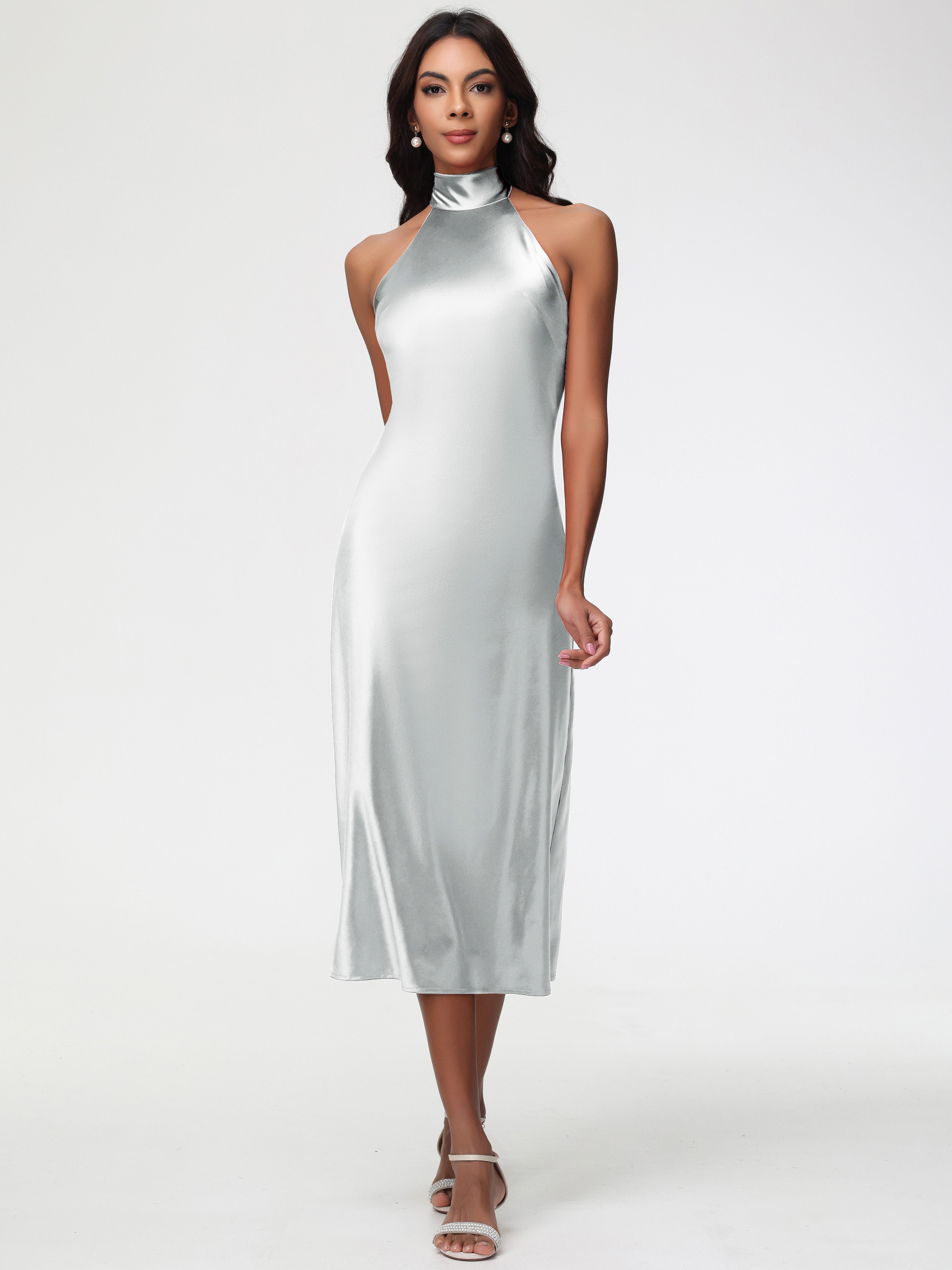 Silver Bridesmaid Dress Tea-Length High Neck Sleeveless Stretch Satin Bridesmaid Dresses Silver Bridesmaid Dress Tea-Length High Neck Sleeveless Stretch Satin Bridesmaid Dresses