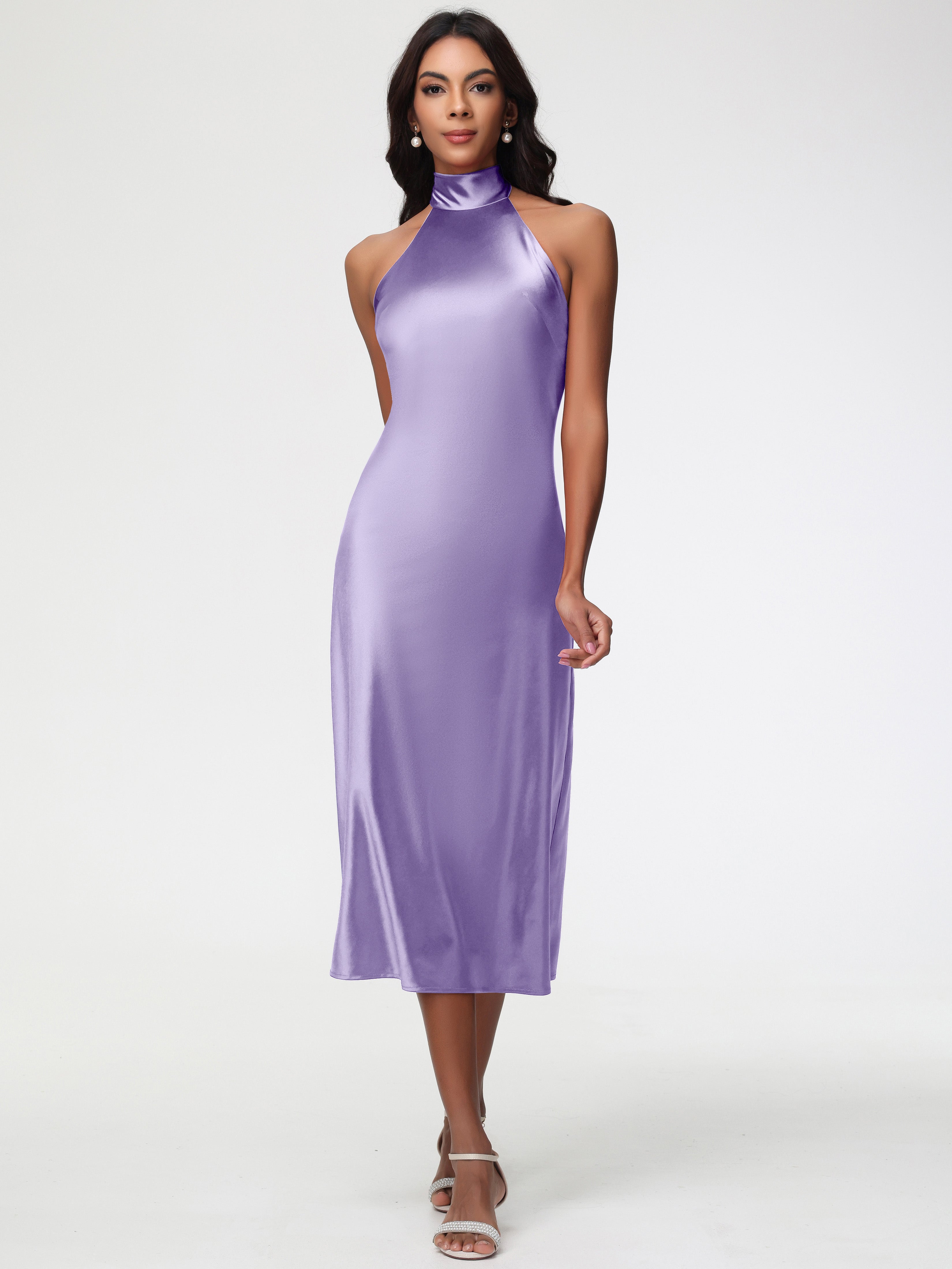 Tahiti Purple Bridesmaid Dresses Tea-Length High Neck Sleeveless Stretch Satin Bridesmaid Dresses Tahiti Purple Bridesmaid Dresses Tea-Length High Neck Sleeveless Stretch Satin Bridesmaid Dresses