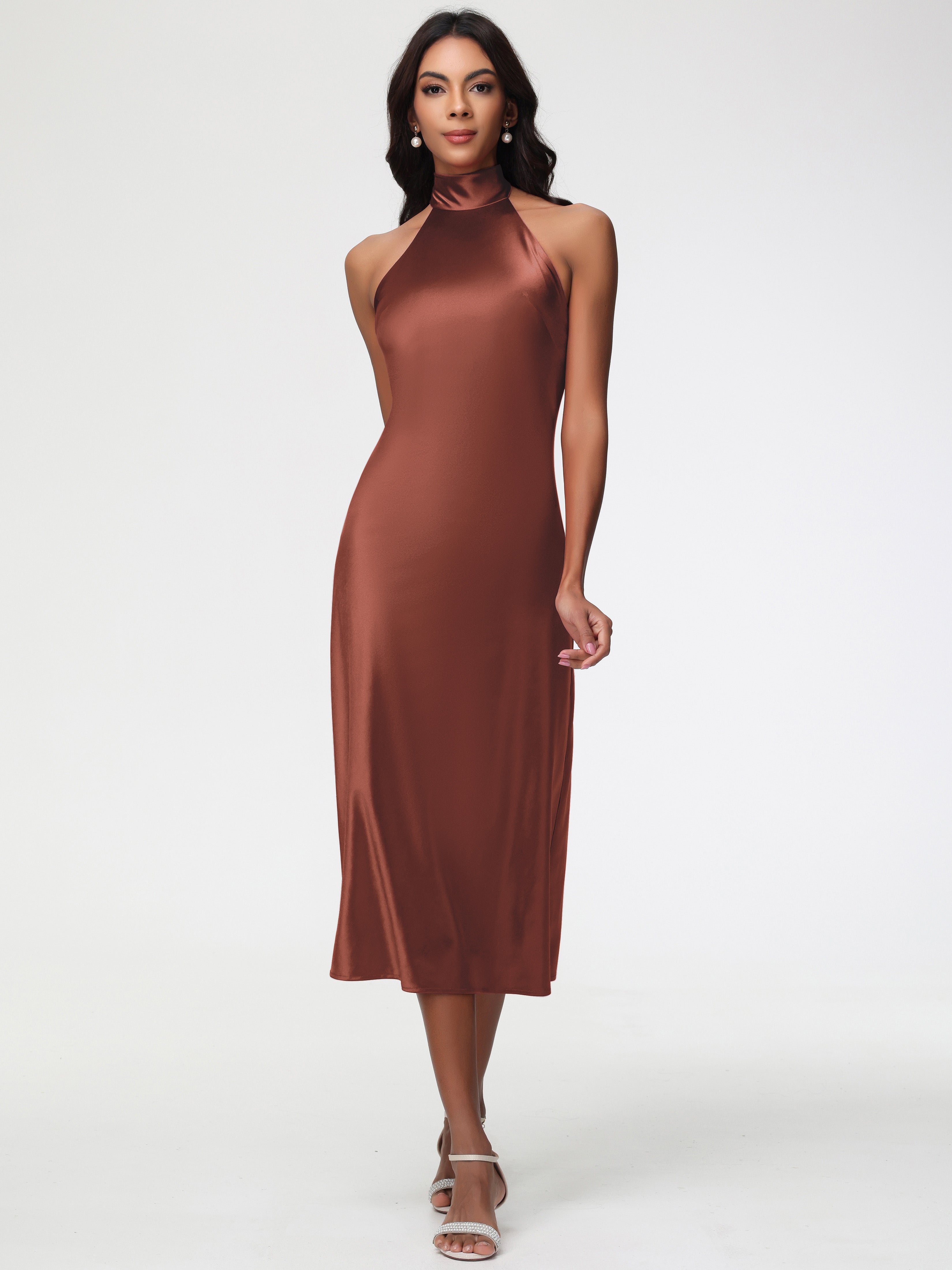 Terracotta Bridesmaid Dress Tea-Length High Neck Sleeveless Stretch Satin Bridesmaid Dresses