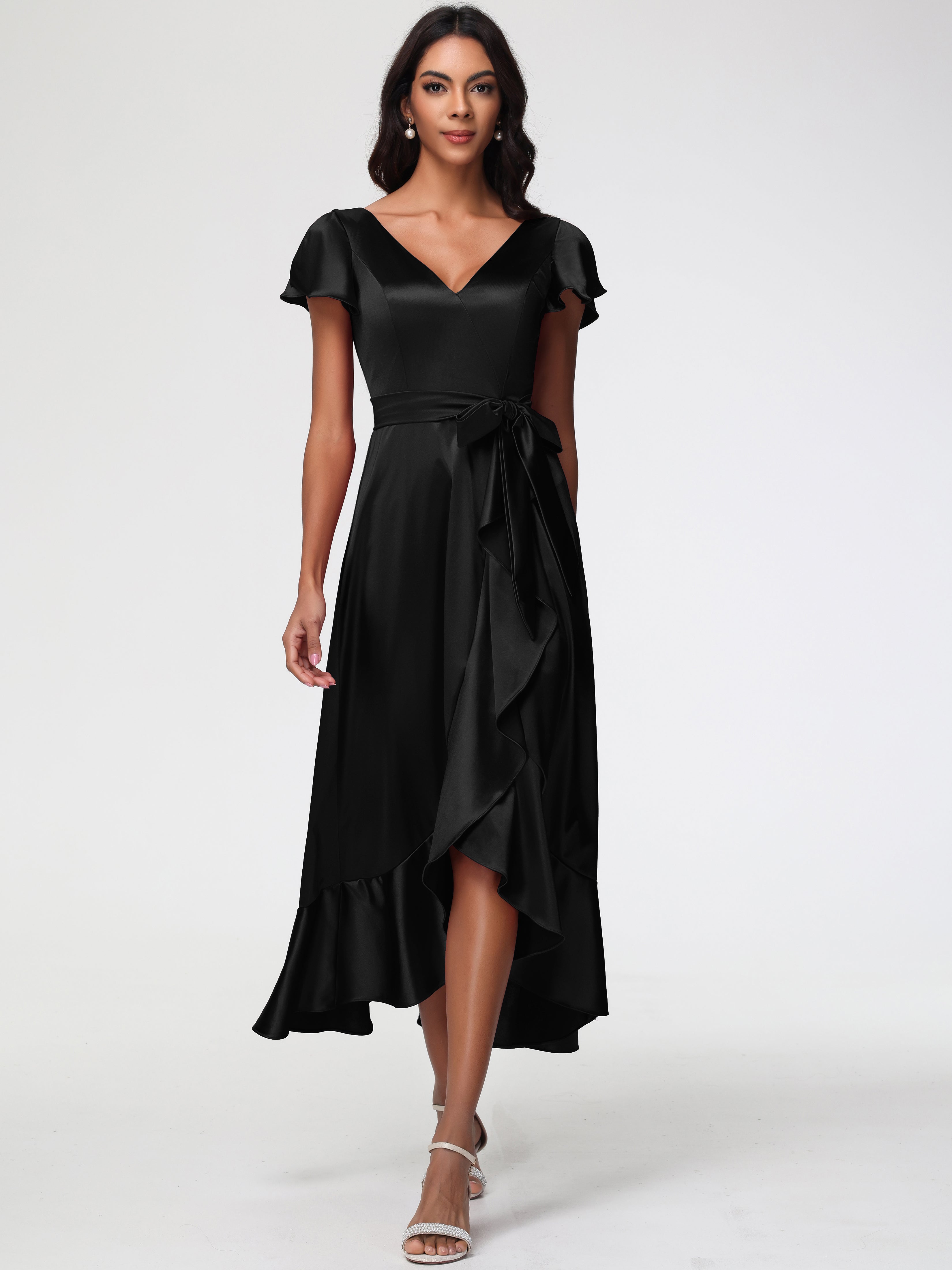 Black Long Formal Dresses Tea-Length Short Sleeves Ruffles A-Line Stre Black Long Formal Dresses Tea-Length Short Sleeves Ruffles A-Line Stre