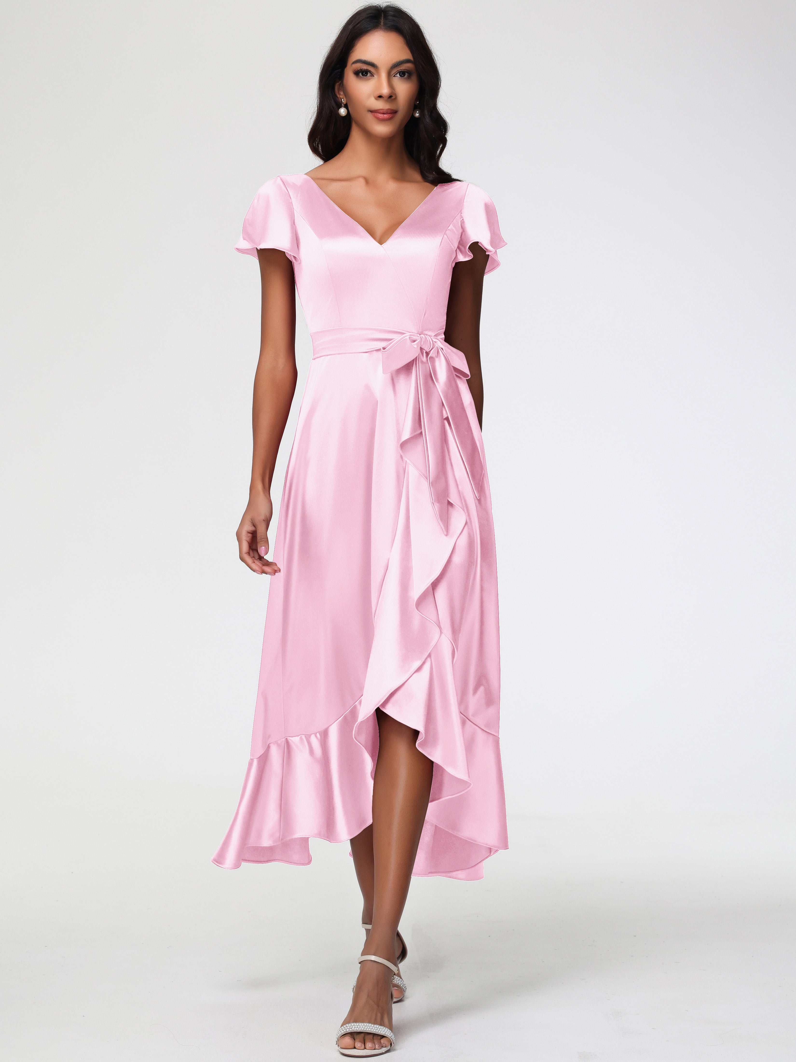 Blushing Pink Formal Dresses Tea-Length Short Sleeves Ruffles A-Line S Blushing Pink Formal Dresses Tea-Length Short Sleeves Ruffles A-Line S