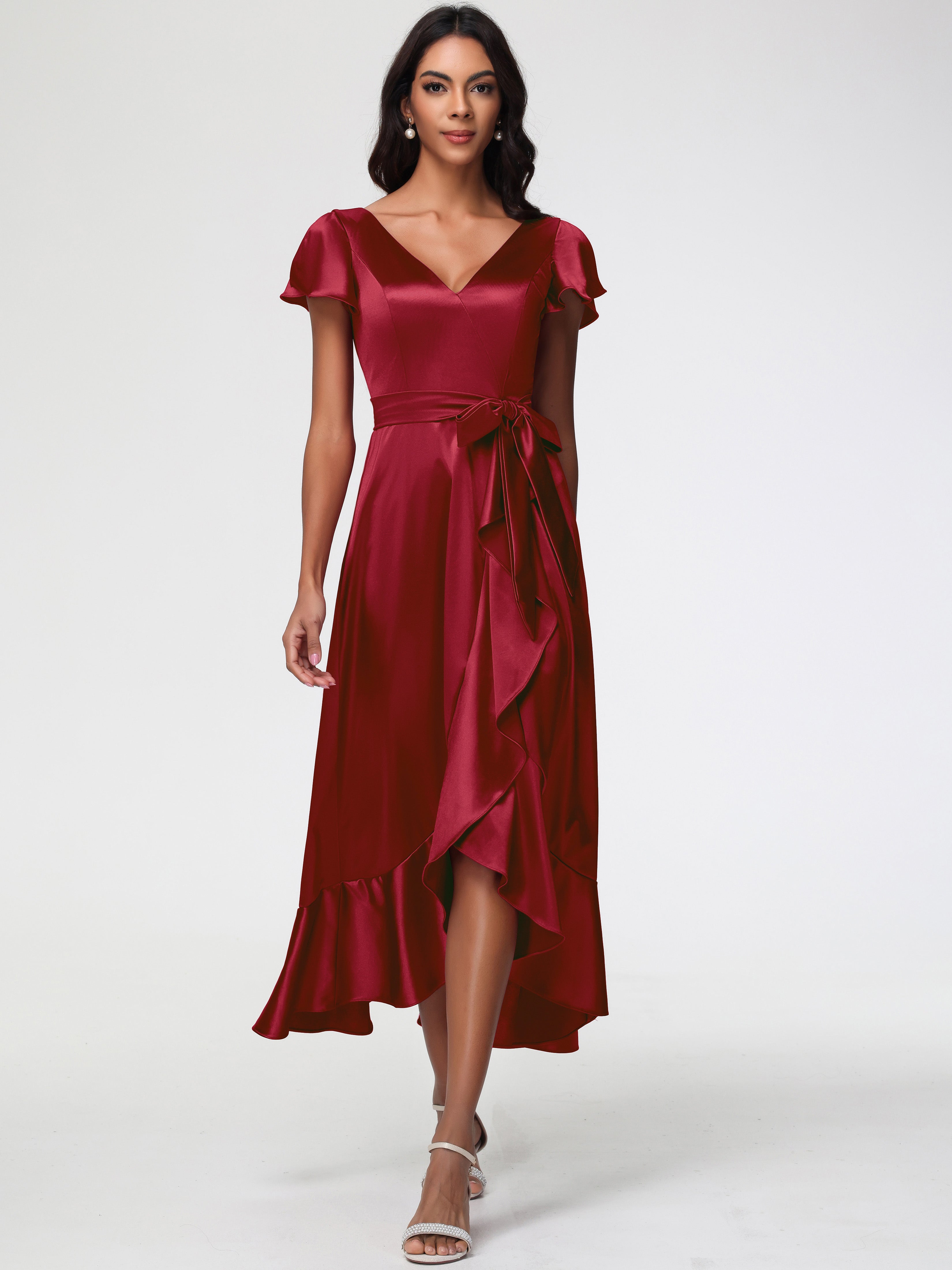 Bridesmaid Dress Burgundy Tea-Length Short Sleeves Ruffles A-Line Stre Bridesmaid Dress Burgundy Tea-Length Short Sleeves Ruffles A-Line Stre
