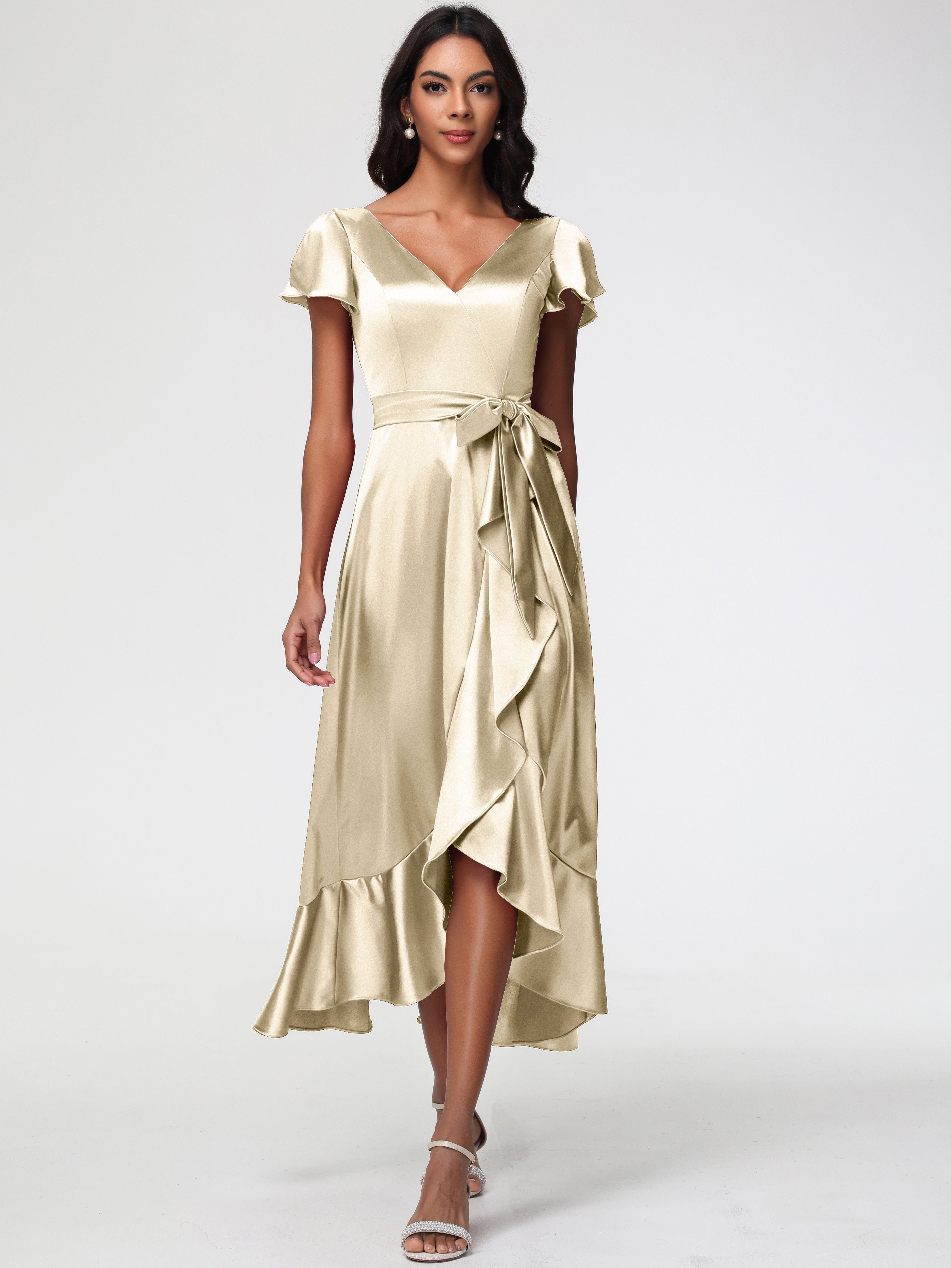 Formal Dress Champagne Tea-Length Short Sleeves Ruffles A-Line Stretch Satin Formal Dresses