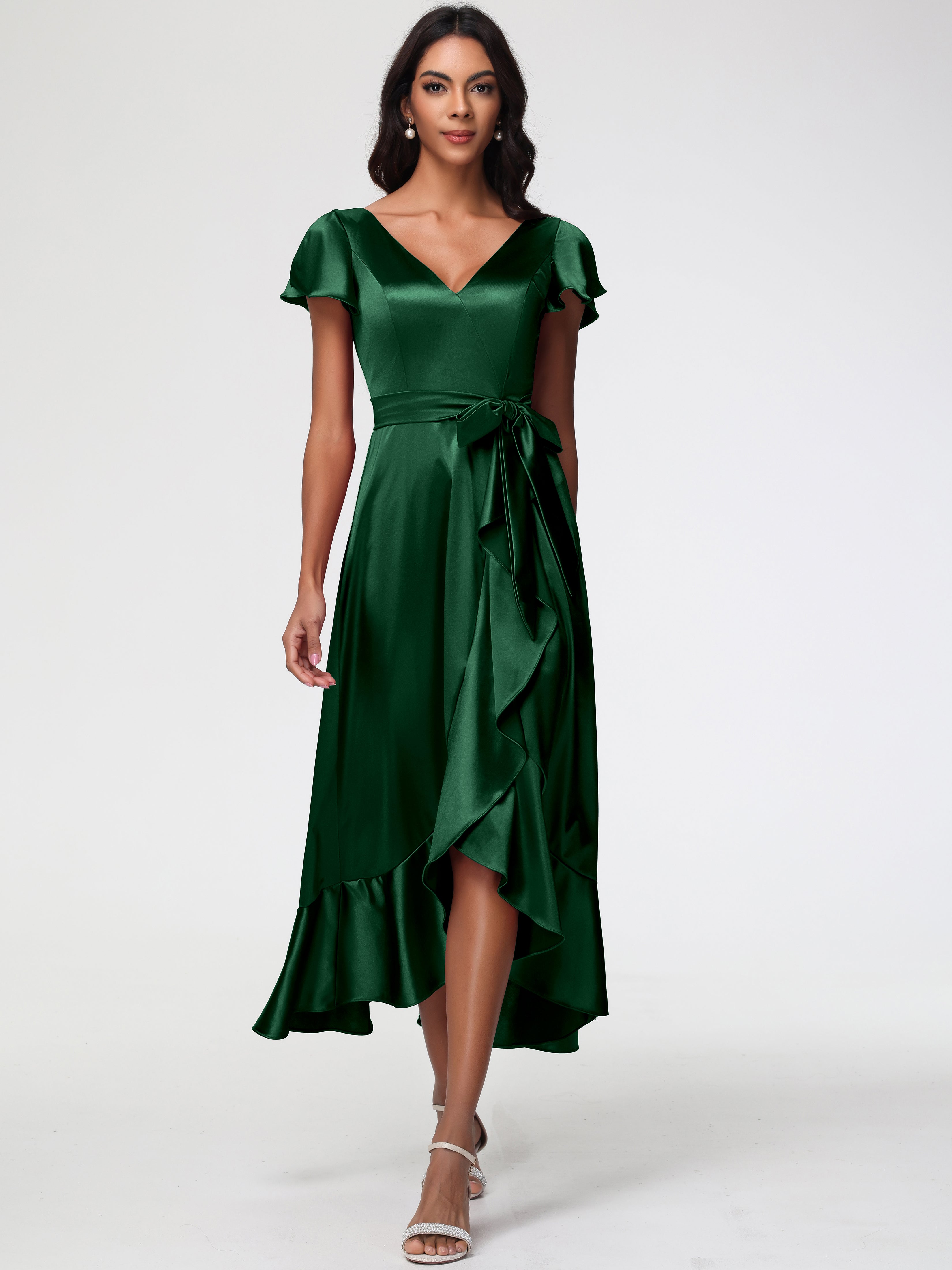 slim fit dress slacks Flutter Sleeve Wrapover Satin Maxi Dress - Emerald Green