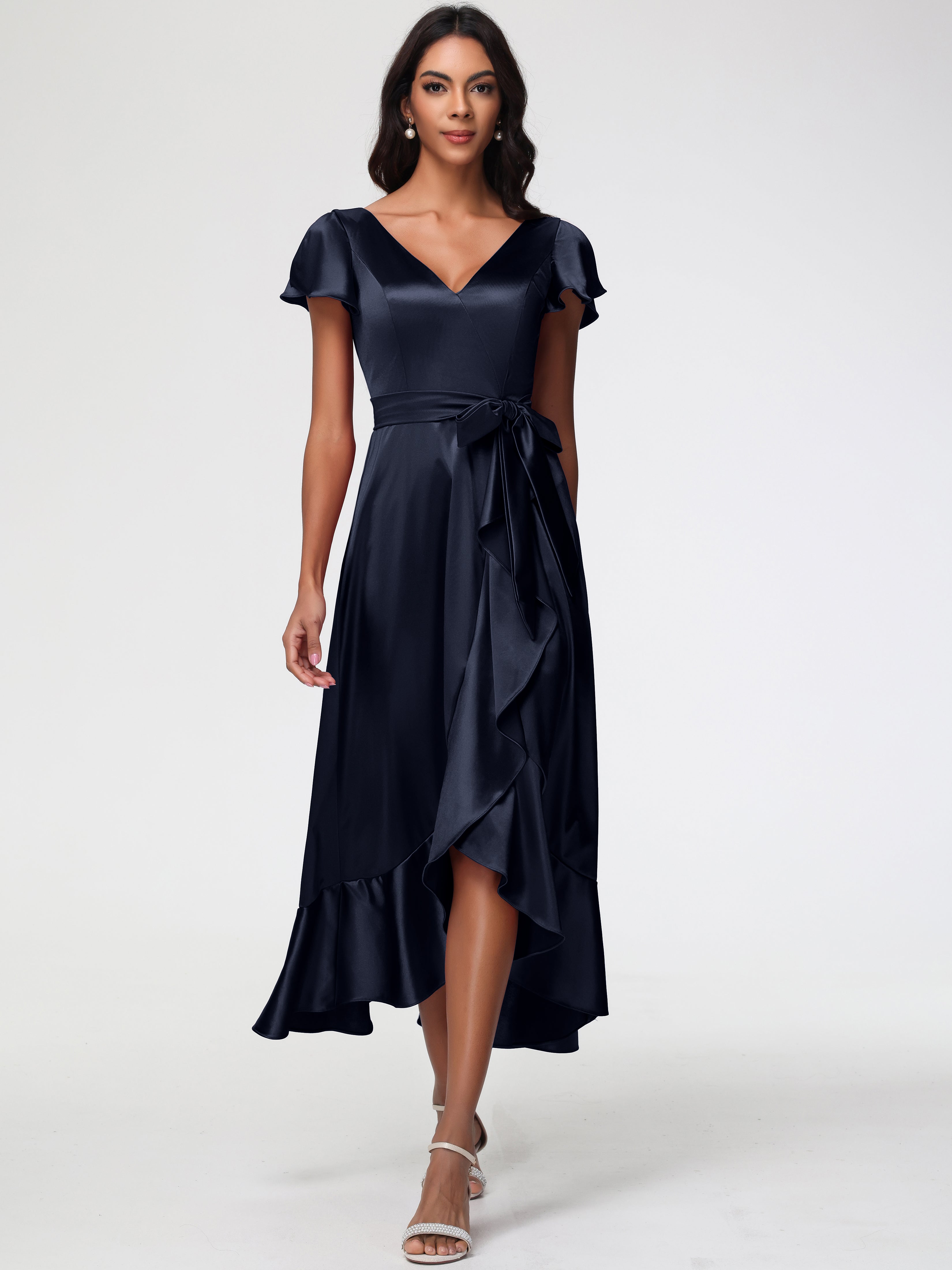 Dark Navy Prom Dresses Tea-Length Short Sleeves Ruffles A-Line Stretch Satin Prom Dresses
