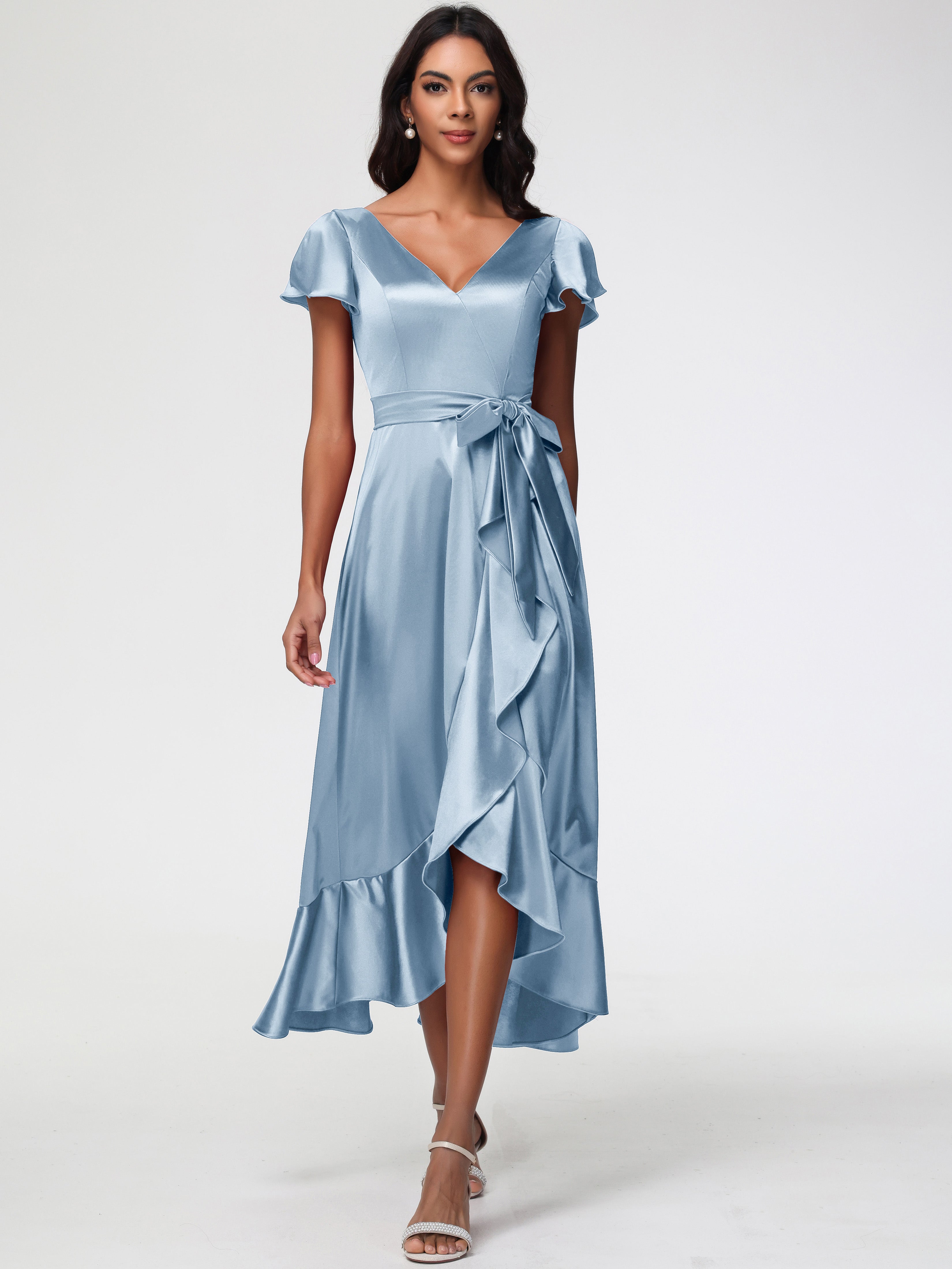Modest Dusty Blue Bridesmaid Dresses Tea-Length Short Sleeves Ruffles Modest Dusty Blue Bridesmaid Dresses Tea-Length Short Sleeves Ruffles