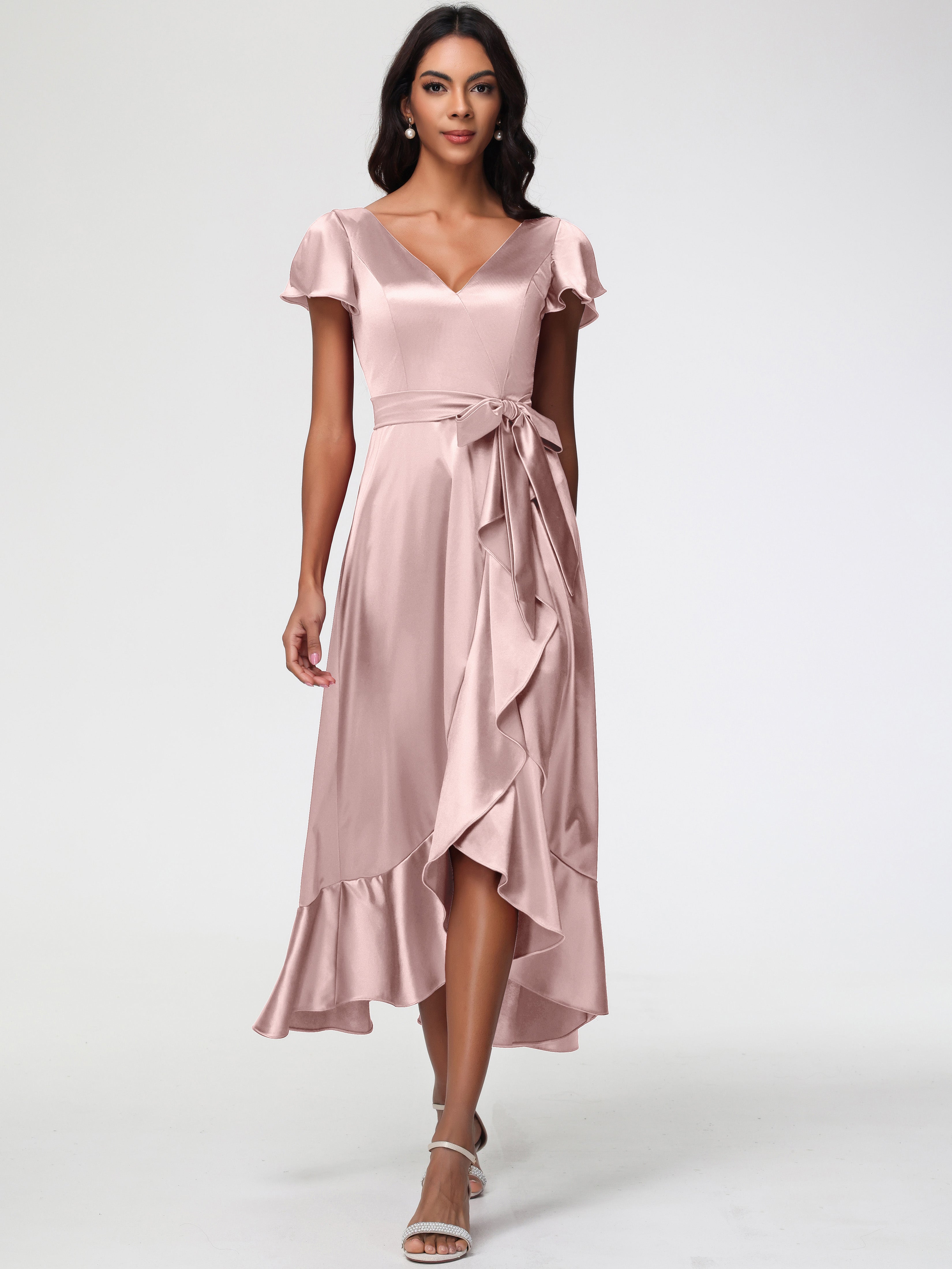 Bridesmaid Dresses Dusty Rose Tea-Length Short Sleeves Ruffles A-Line Bridesmaid Dresses Dusty Rose Tea-Length Short Sleeves Ruffles A-Line