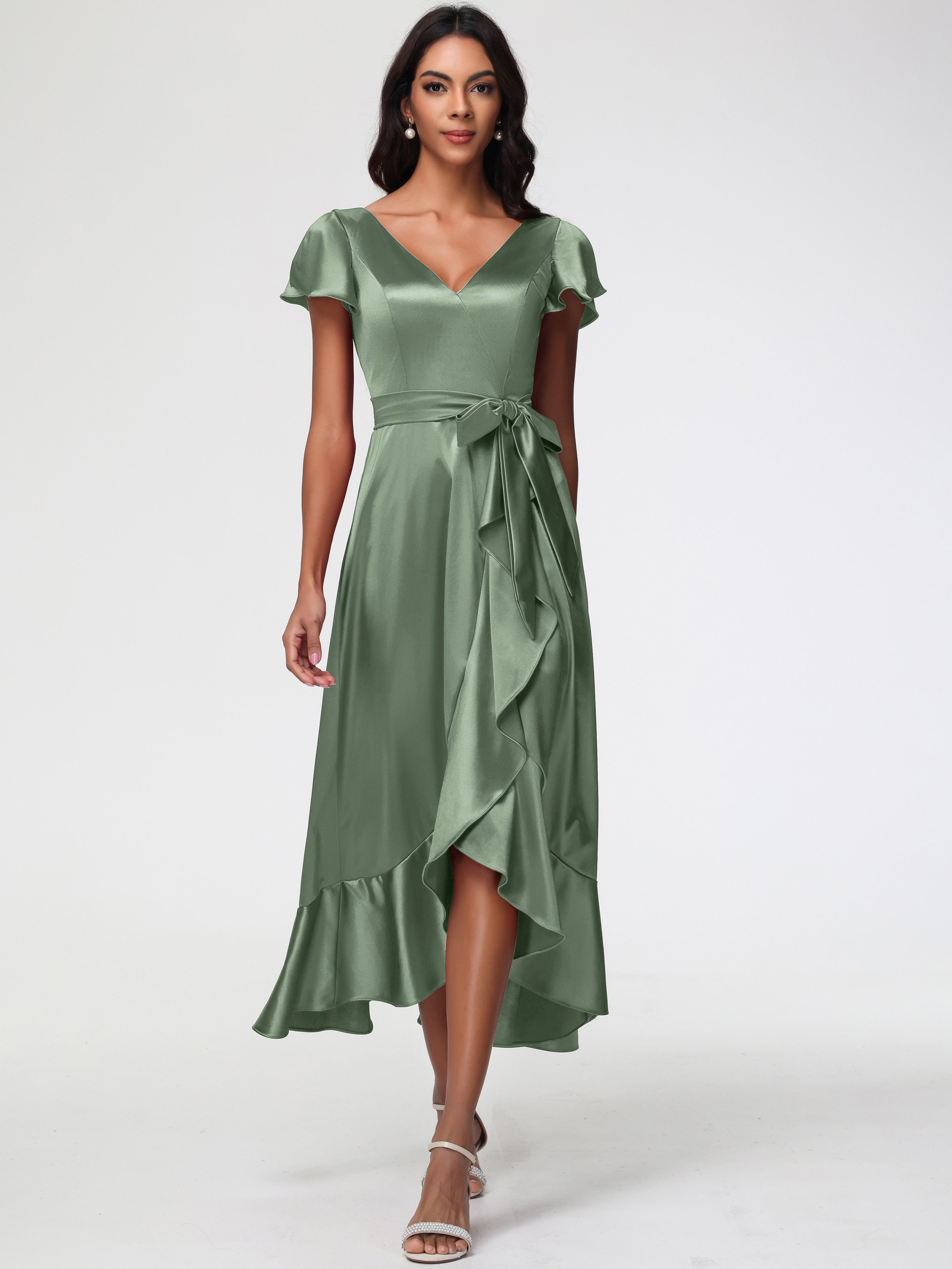 Dusty Sage Formal Dress Tea-Length Short Sleeves Ruffles A-Line Stretch Satin Formal Dresses Dusty Sage Formal Dress Tea-Length Short Sleeves Ruffles A-Line Stretch Satin Formal Dresses