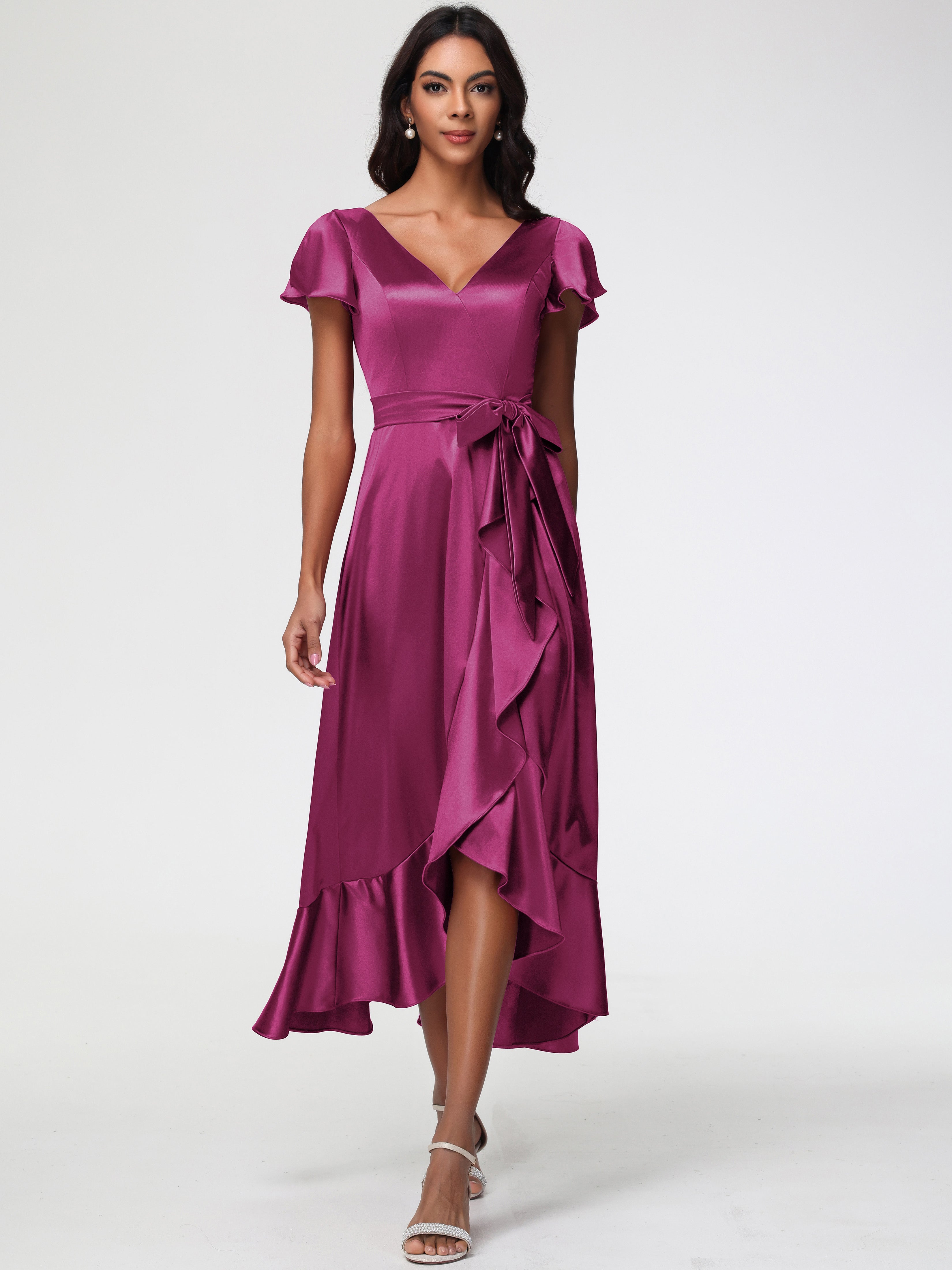 Satin Fuchsia Formal Dress Tea-Length Short Sleeves Ruffles A-Line Str Satin Fuchsia Formal Dress Tea-Length Short Sleeves Ruffles A-Line Str