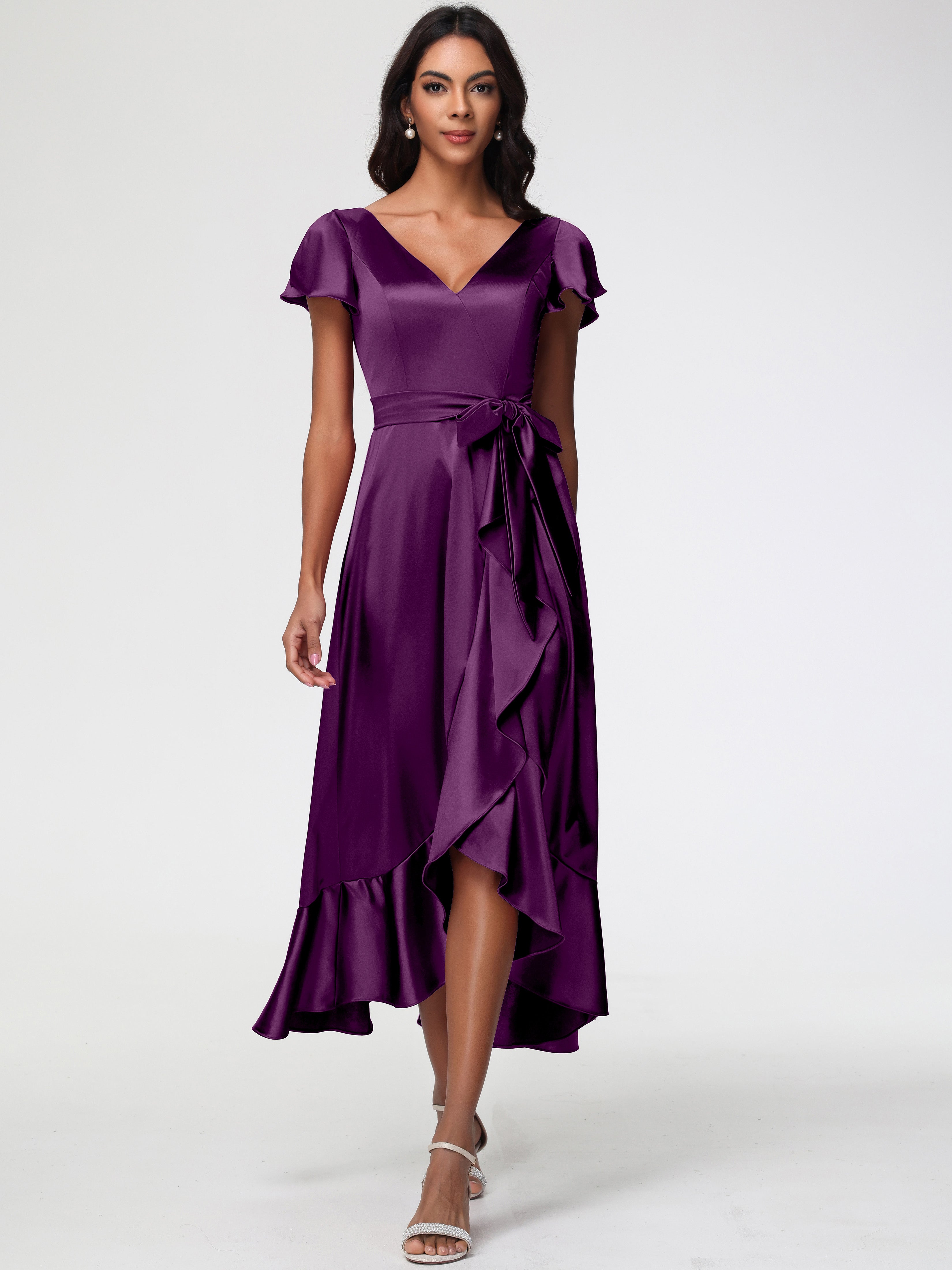 Formal Dresses Grape Tea-Length Short Sleeves Ruffles A-Line Stretch S Formal Dresses Grape Tea-Length Short Sleeves Ruffles A-Line Stretch S