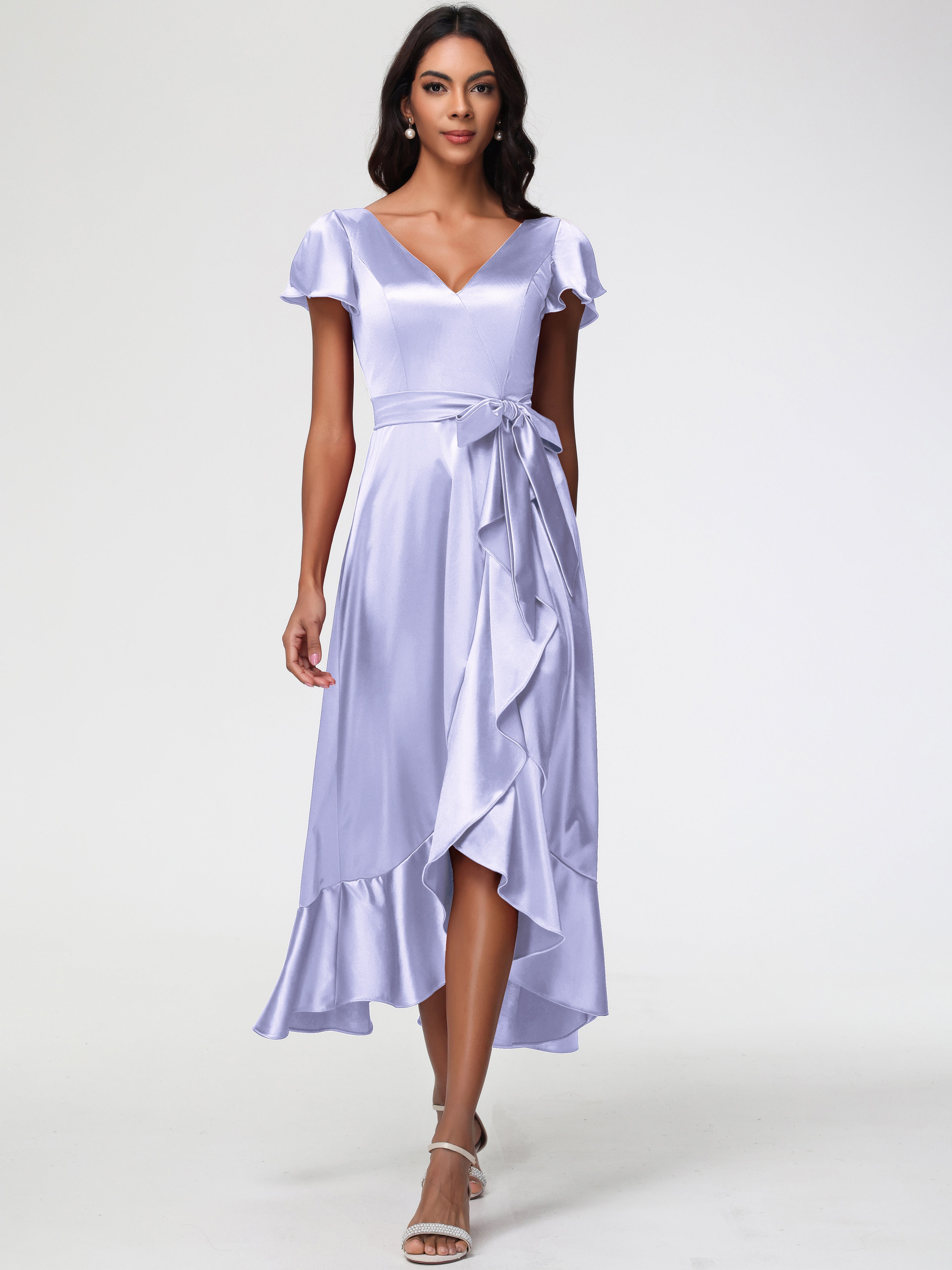 Formal Dresses Lavender Colour Tea-Length Short Sleeves Ruffles A-Line Formal Dresses Lavender Colour Tea-Length Short Sleeves Ruffles A-Line