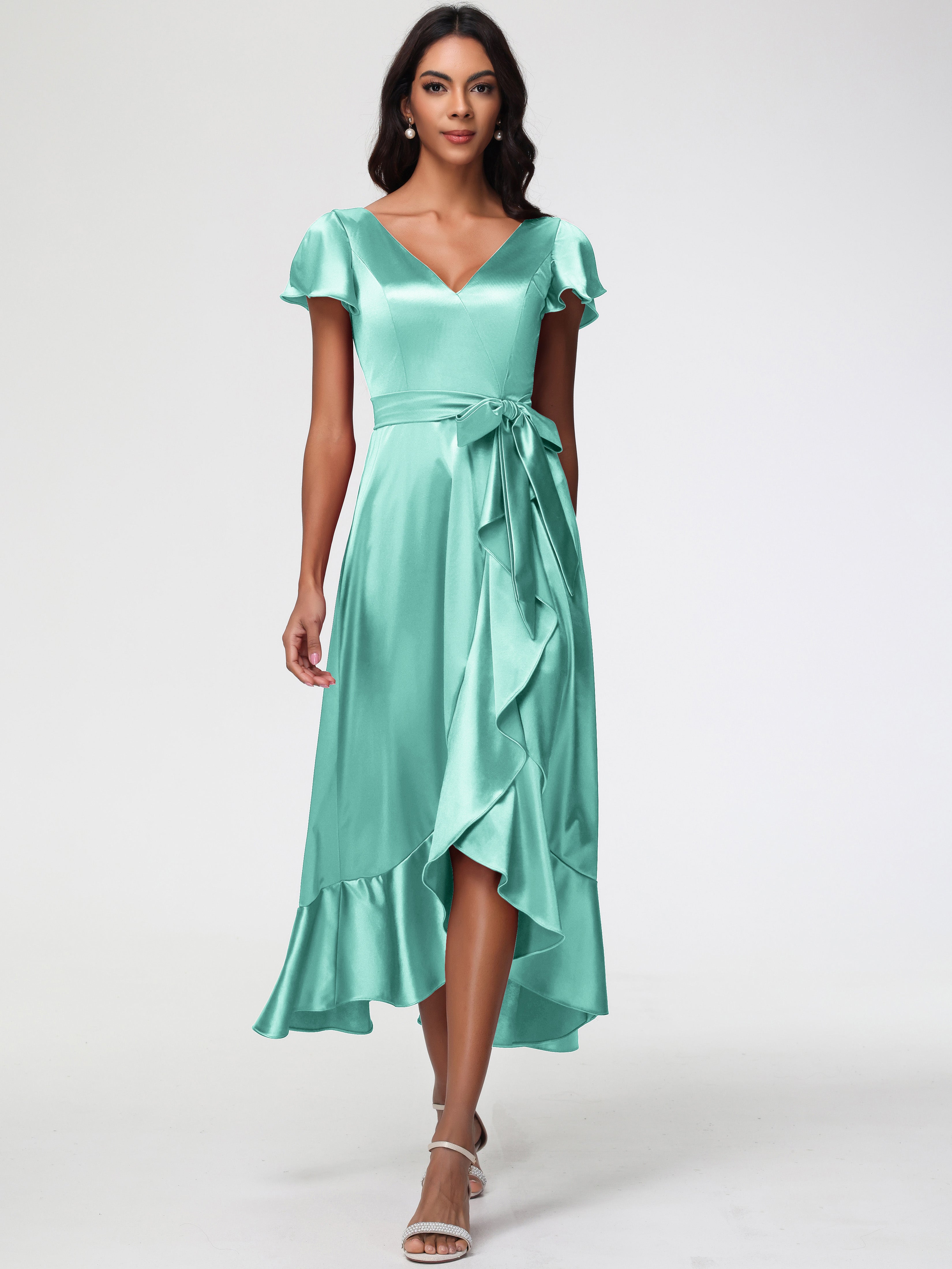 Mint Green Formal Dress Tea-Length Short Sleeves Ruffles A-Line Stretch Satin Formal Dresses Mint Green Formal Dress Tea-Length Short Sleeves Ruffles A-Line Stretch Satin Formal Dresses