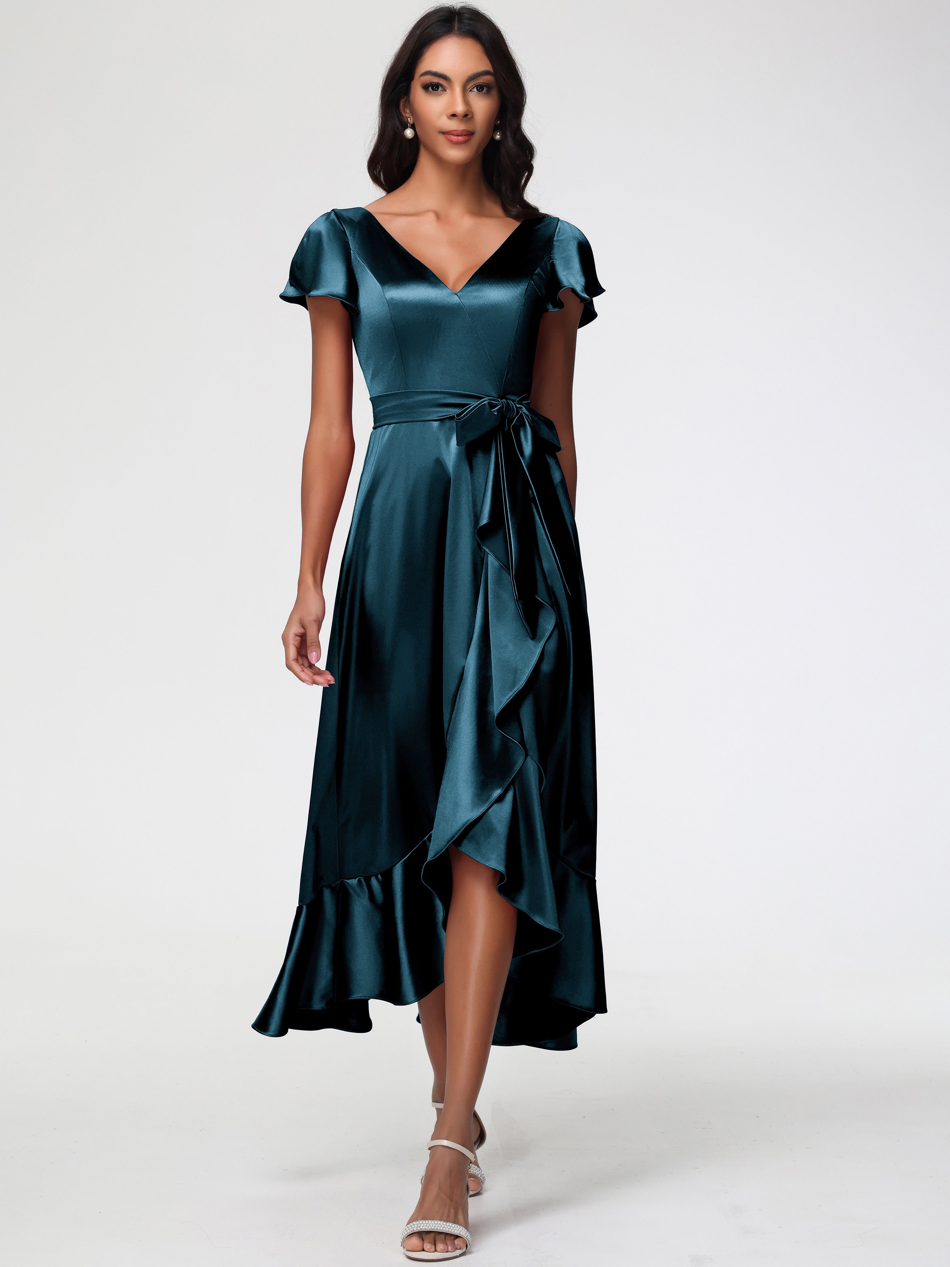 Peacock Prom Dress Short Tea-Length Short Sleeves Ruffles A-Line Stretch Satin Prom Dresses Peacock Prom Dress Short Tea-Length Short Sleeves Ruffles A-Line Stretch Satin Prom Dresses