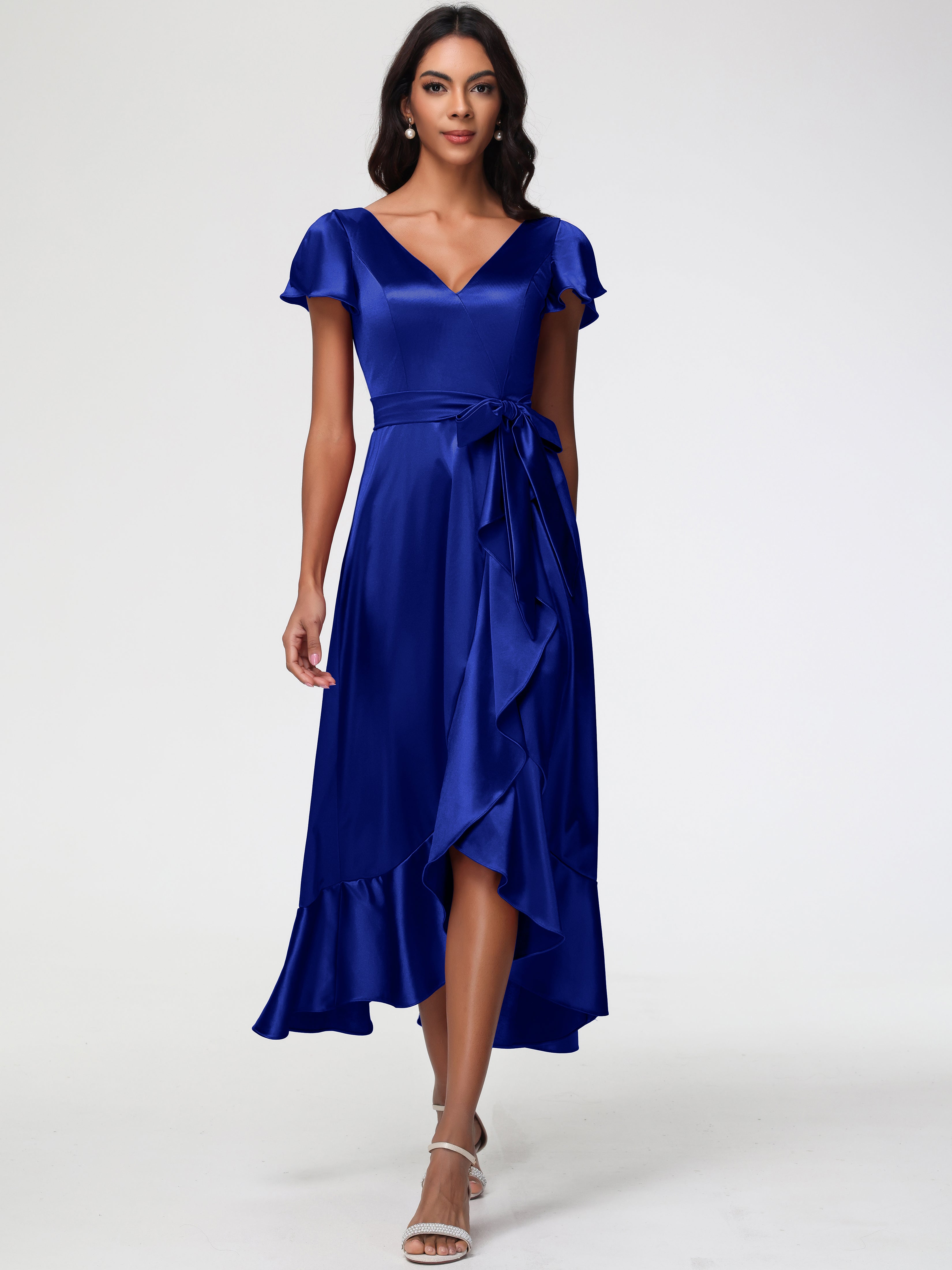 Royal Blue Formal Dress Tea-Length Short Sleeves Ruffles A-Line Stretch Satin Formal Dresses Royal Blue Formal Dress Tea-Length Short Sleeves Ruffles A-Line Stretch Satin Formal Dresses