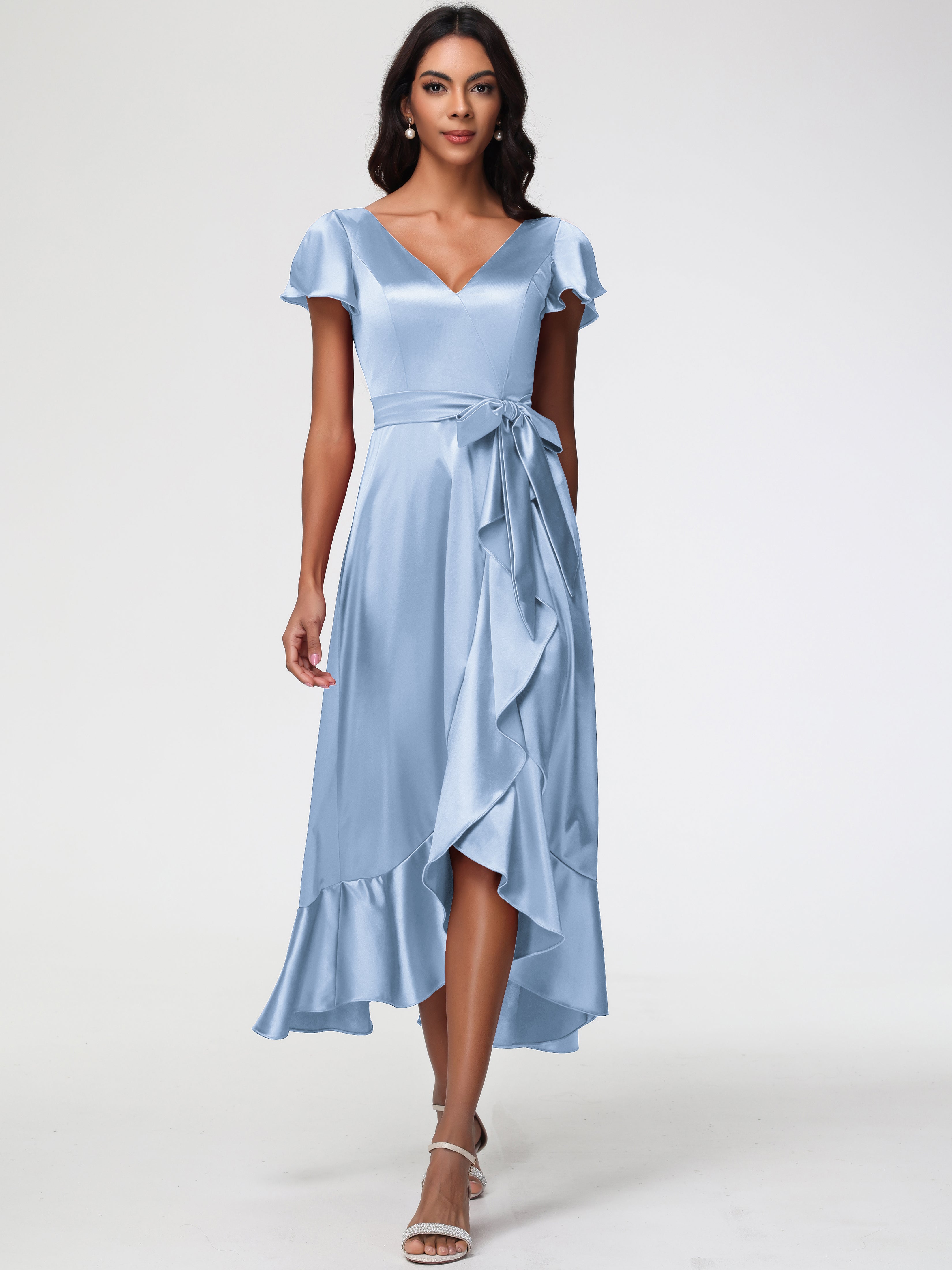 Bridesmaid Sky Blue Dresses Tea-Length Short Sleeves Ruffles A-Line St Bridesmaid Sky Blue Dresses Tea-Length Short Sleeves Ruffles A-Line St