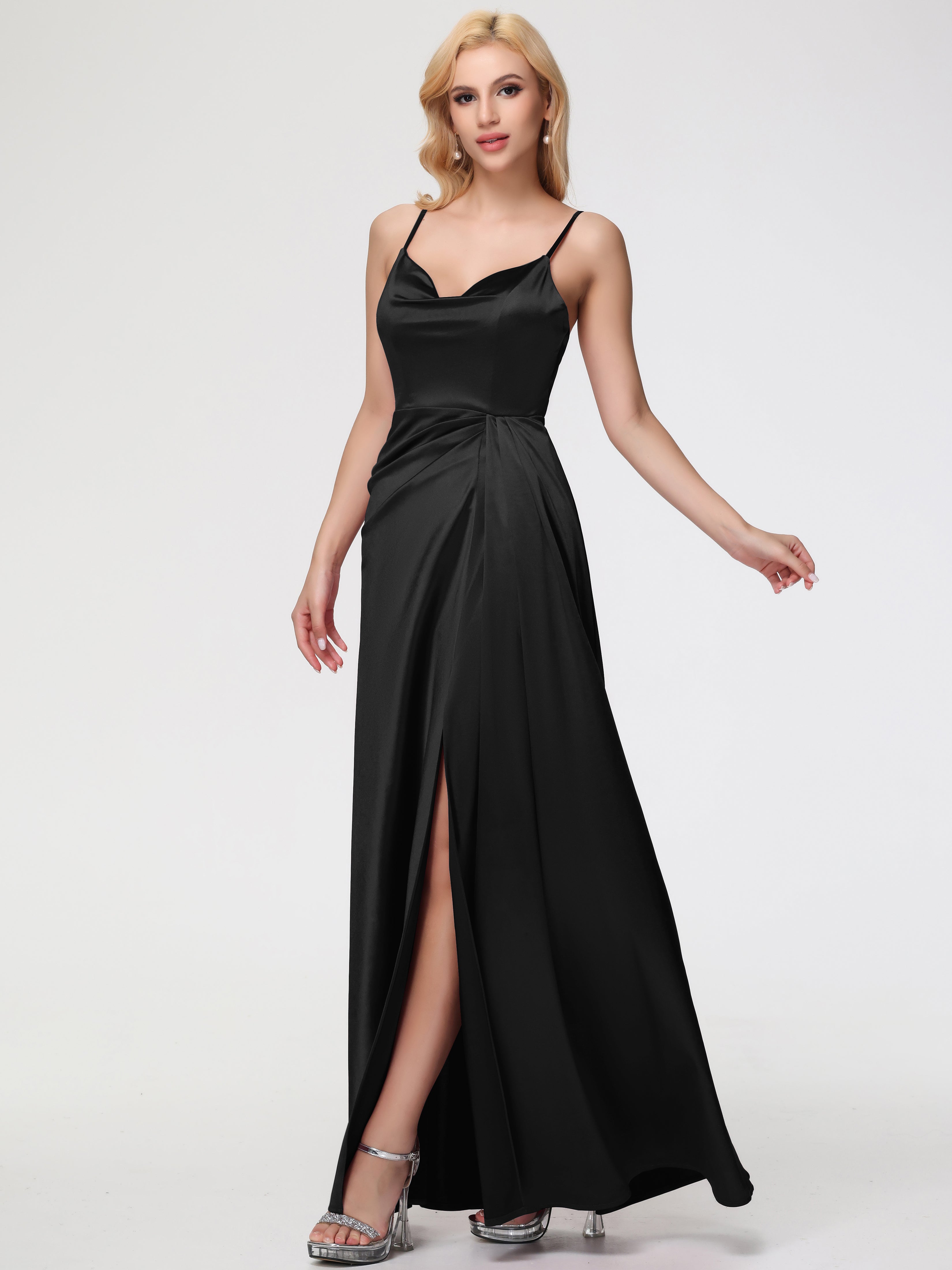 Formal Dresses Black Sleeveless A-Line Spaghetti Straps Stretch Satin Formal Dresses With Split
