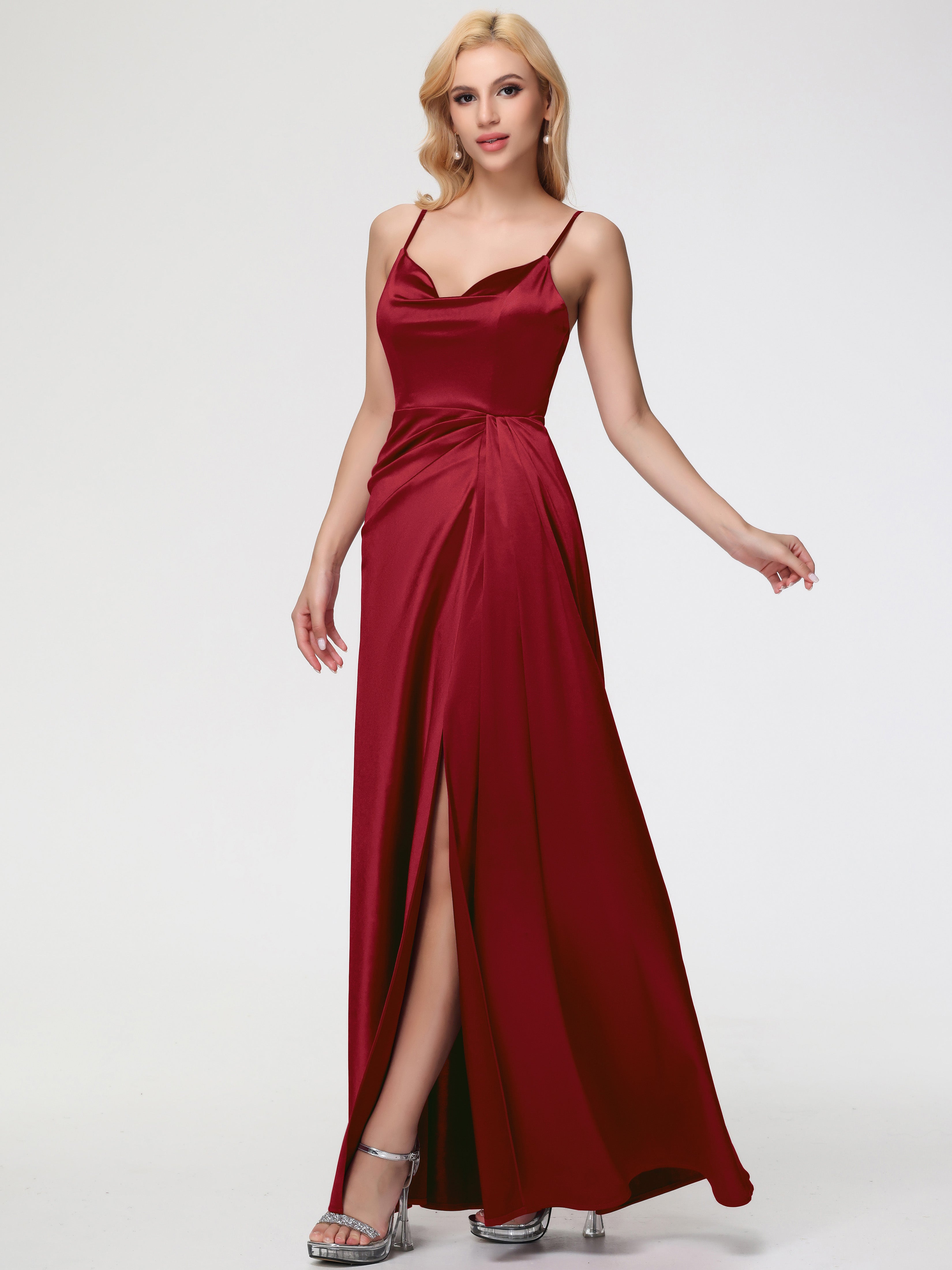 burgundy dress bridesmaids Burgundy Bridesmaids Dresses Sleeveless A-Line Spaghetti Straps Stretch Satin Bridesmaid Dresses With Split