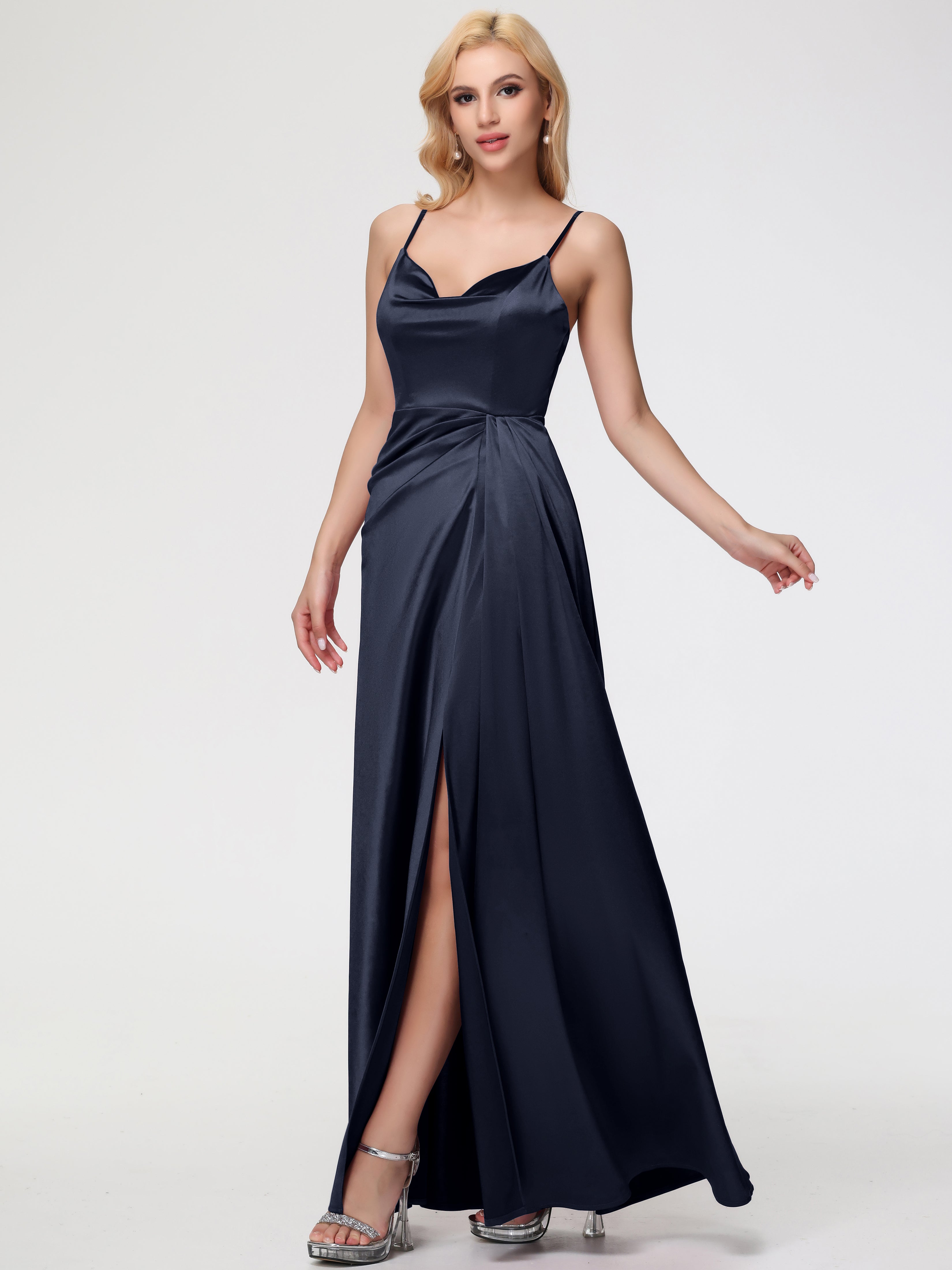 Dark Navy Formal Dress Sleeveless A-Line Spaghetti Straps Stretch Sati