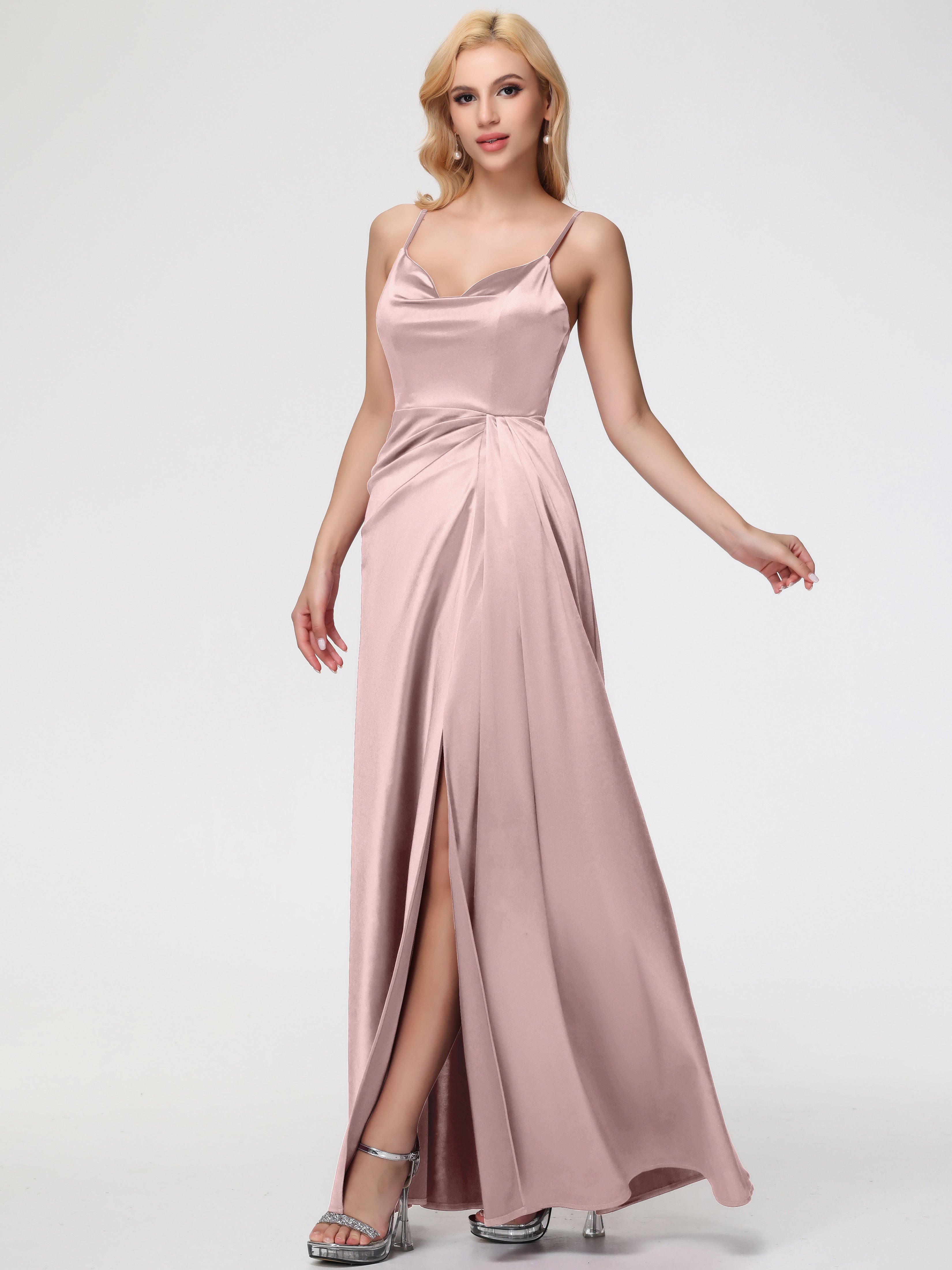 Dusty Rose Sparkly Bridesmaid Dresses Sleeveless A-Line Spaghetti Straps Stretch Satin Bridesmaid Dresses With Split Dusty Rose Sparkly Bridesmaid Dresses Sleeveless A-Line Spaghetti Straps Stretch Satin Bridesmaid Dresses With Split