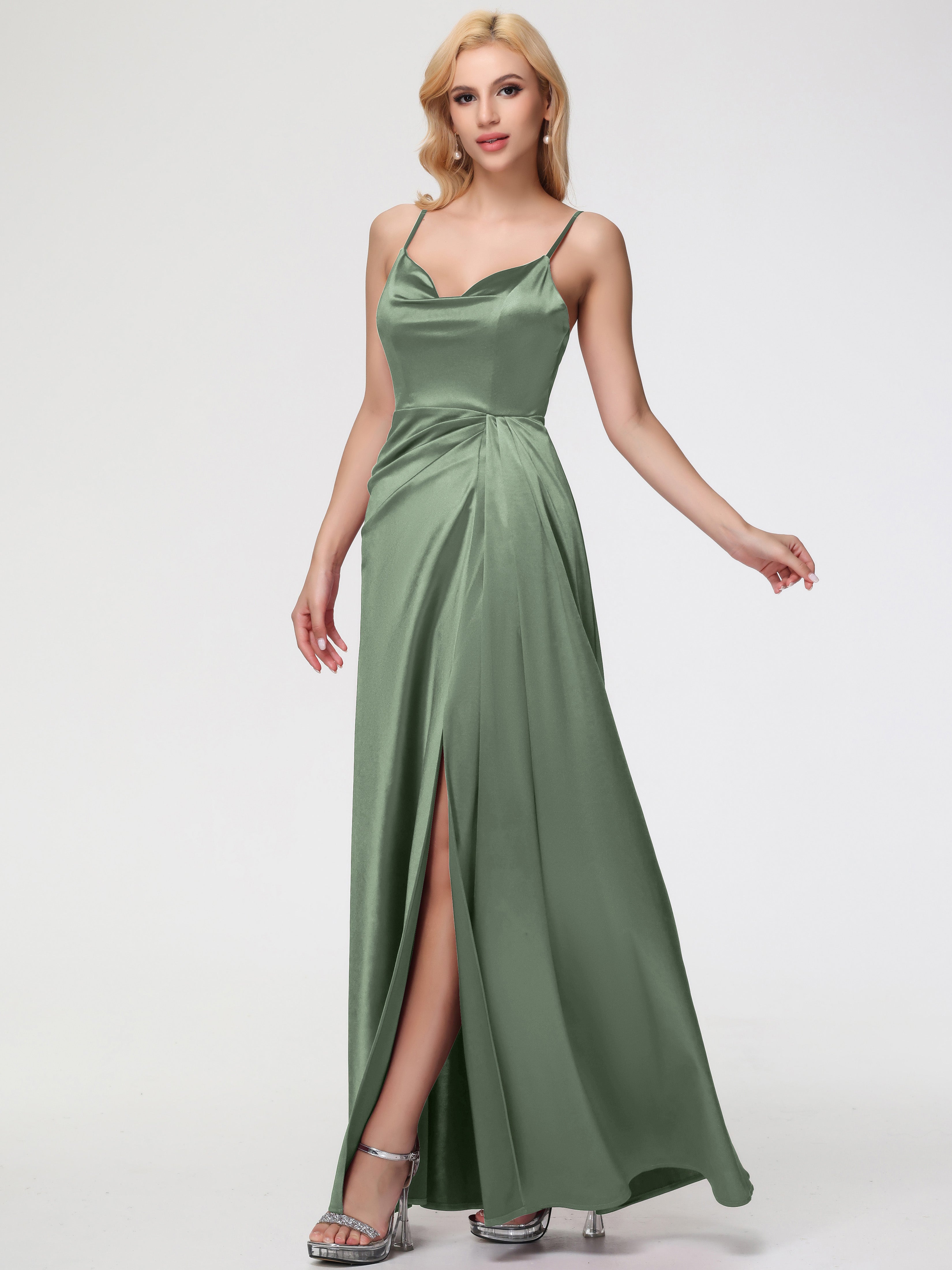 Dusty Sage Green Prom Dresses Sleeveless A-Line Spaghetti Straps Stretch Satin Prom Dresses With Split Dusty Sage Green Prom Dresses Sleeveless A-Line Spaghetti Straps Stretch Satin Prom Dresses With Split