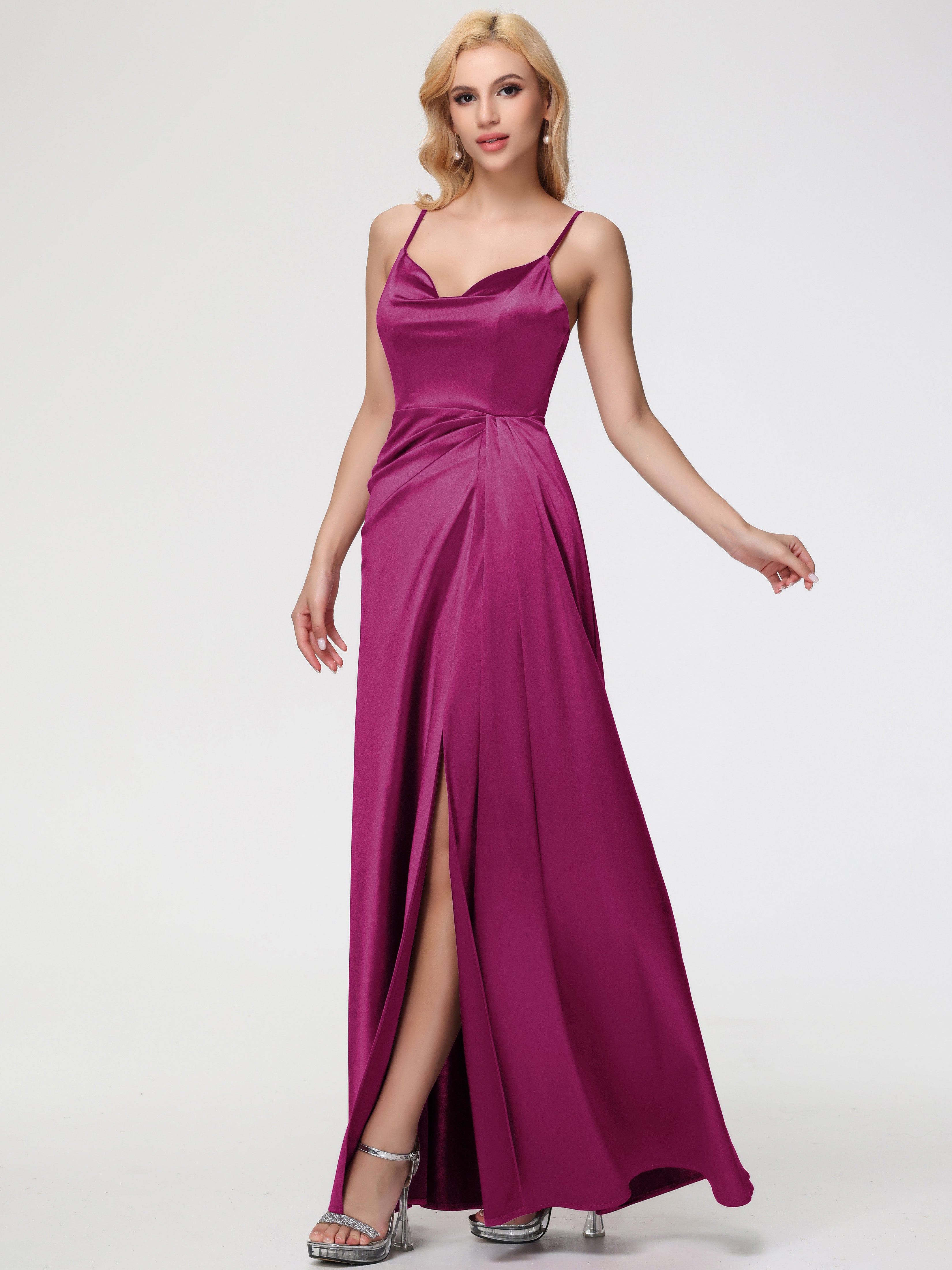 Fuchsia Prom Dress Satin Sleeveless A-Line Spaghetti Straps Stretch Satin Prom Dresses with Split Fuchsia Prom Dress Satin Sleeveless A-Line Spaghetti Straps Stretch Satin Prom Dresses with Split