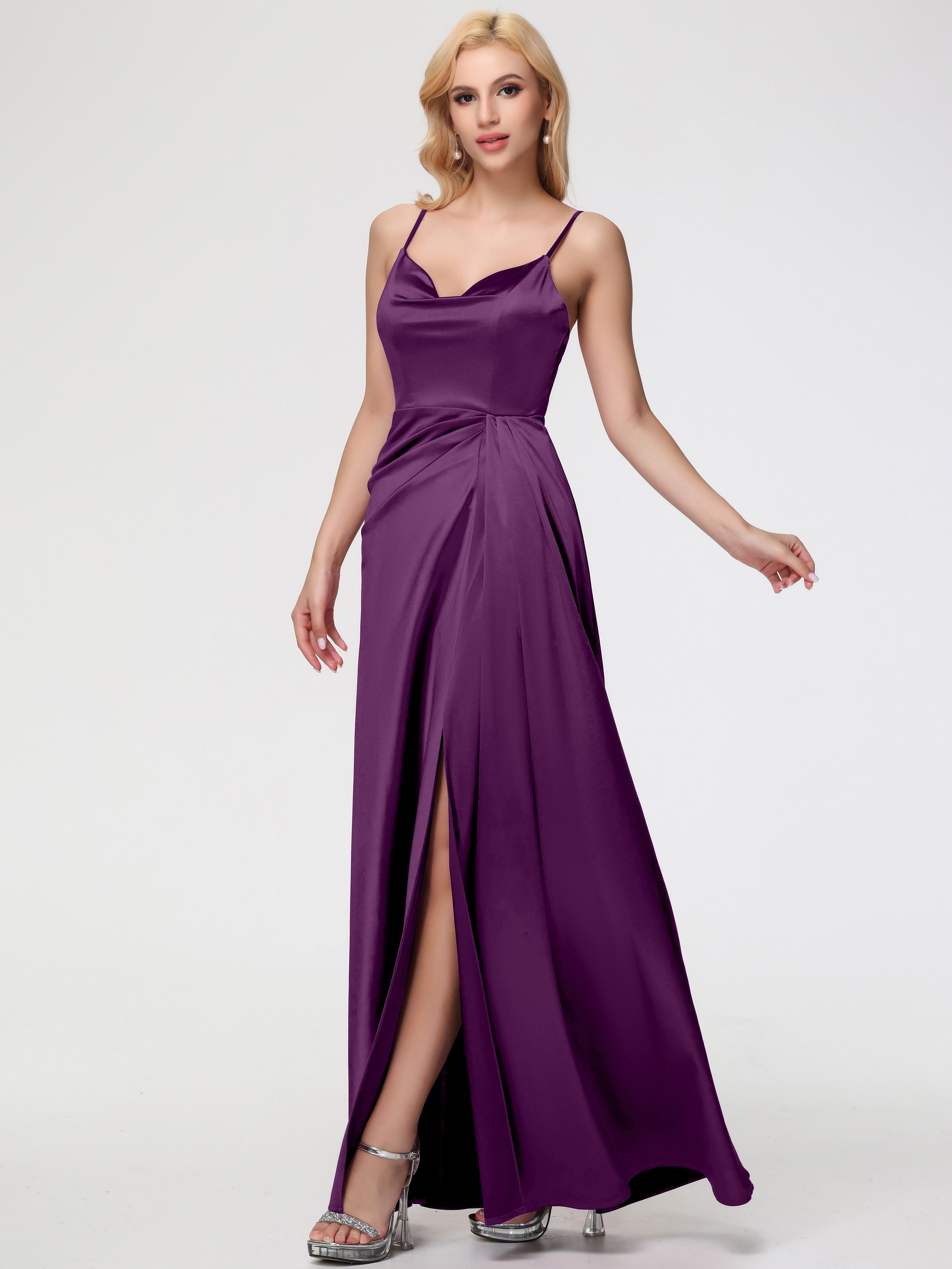 grape color prom dress Grape Satin V-neck A-line Side Split Backless Long Prom Dresses With Straps, MP232