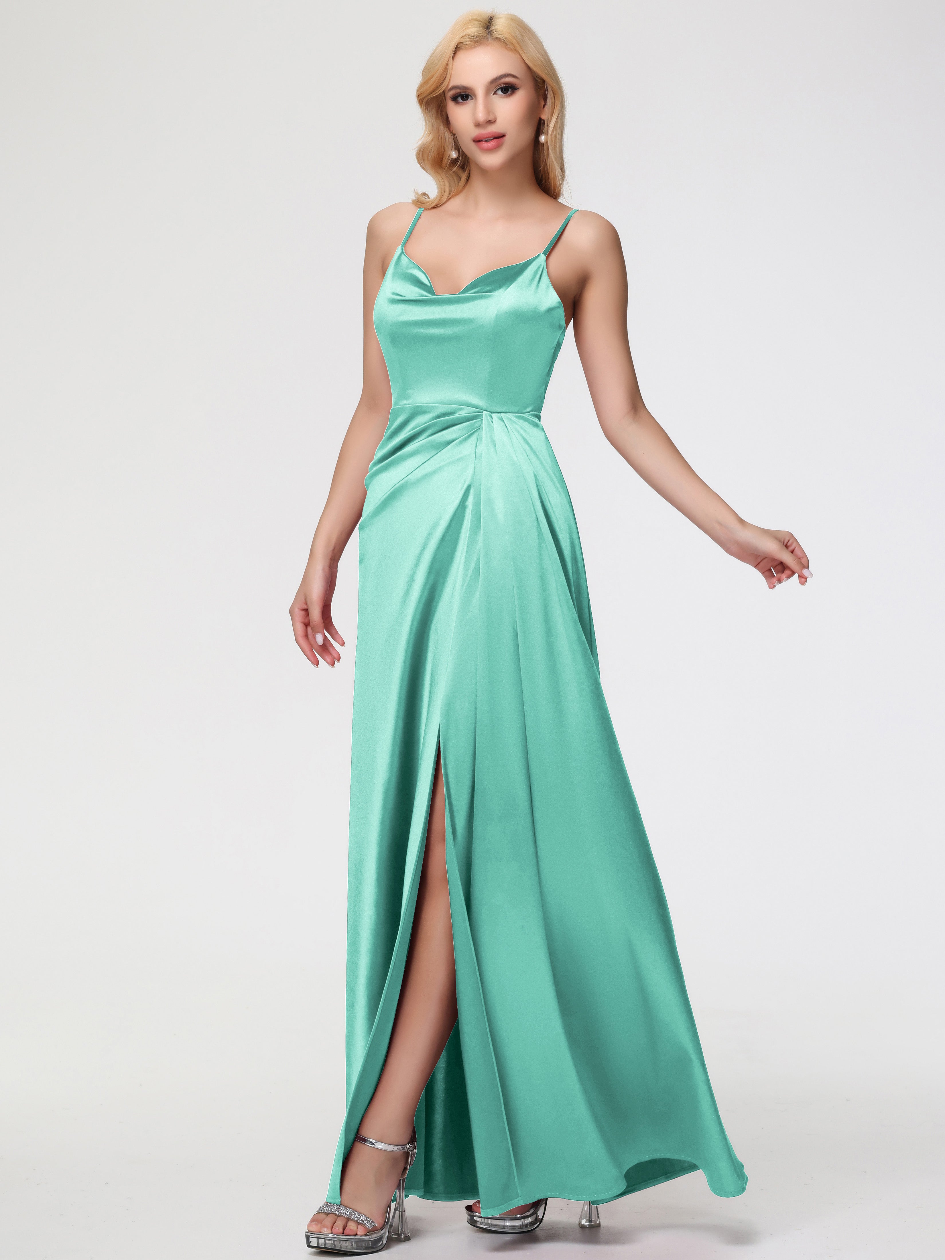 Formal Dresses Mint Green Sleeveless A-Line Spaghetti Straps Stretch Satin Formal Dresses With Split Formal Dresses Mint Green Sleeveless A-Line Spaghetti Straps Stretch Satin Formal Dresses With Split