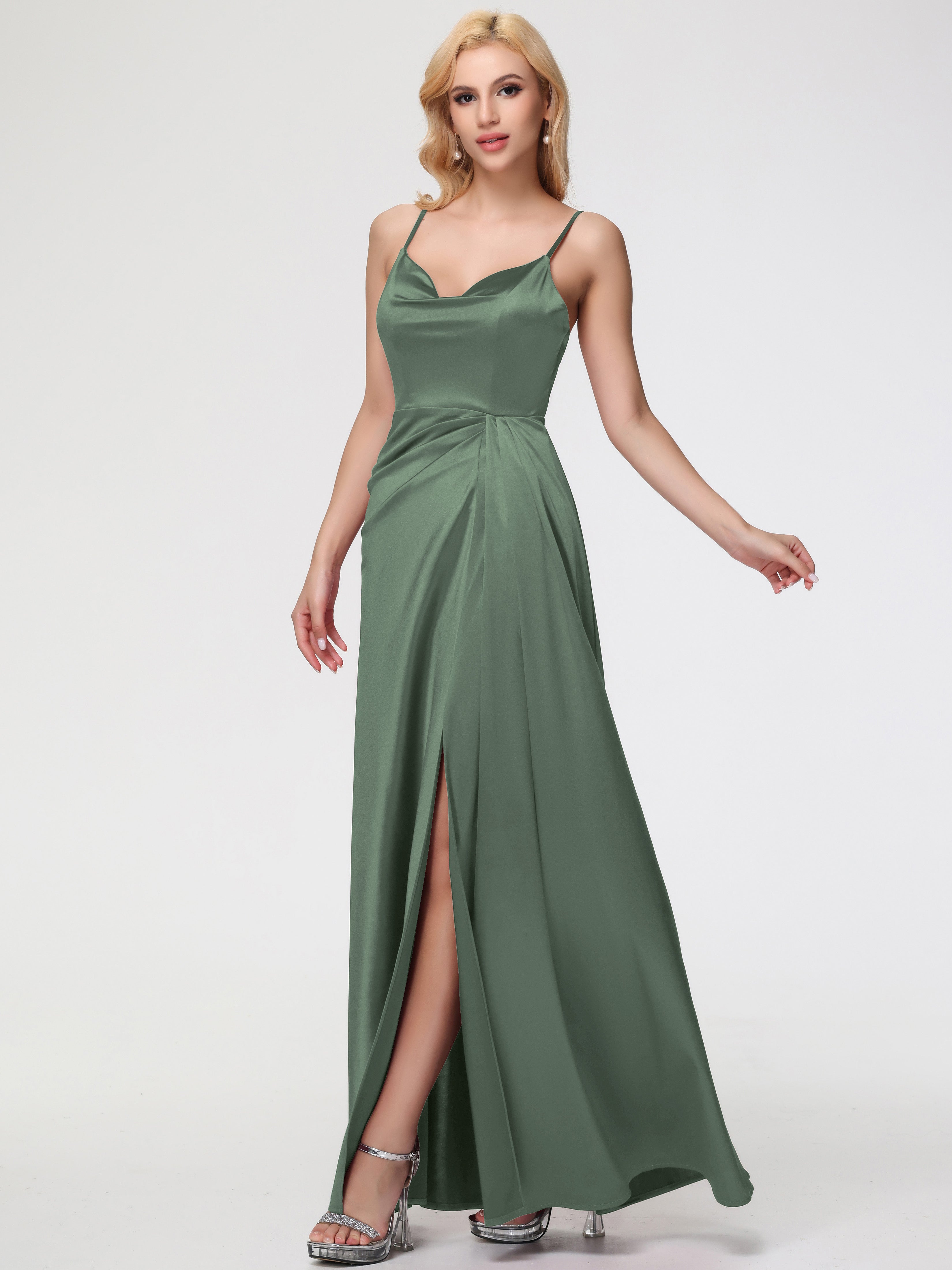 Olive Green Satin Bridesmaid Dresses Sleeveless A-Line Spaghetti Strap Olive Green Satin Bridesmaid Dresses Sleeveless A-Line Spaghetti Strap