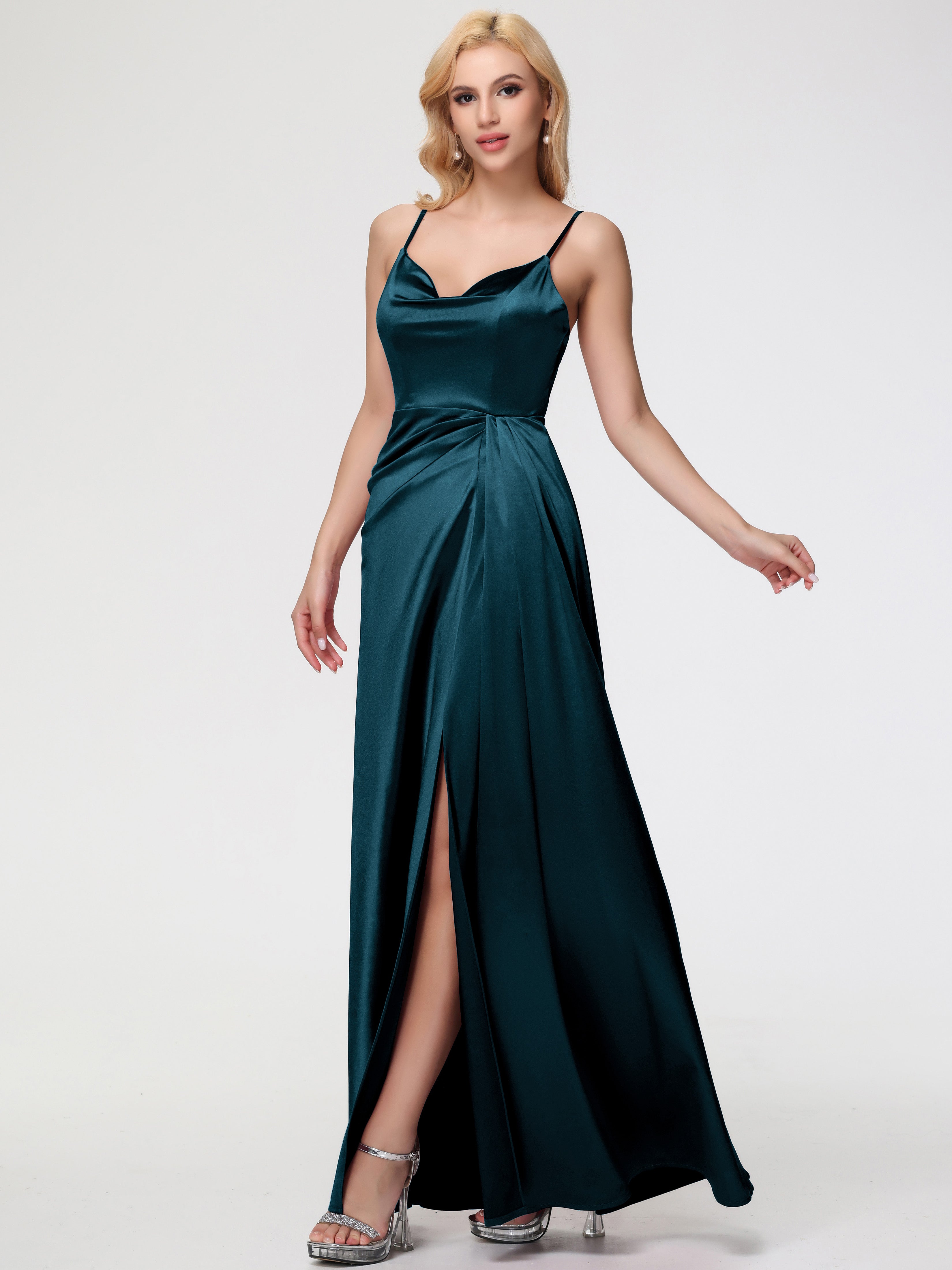 Peacock Color Peacock Wedding Theme Bridesmaid Dresses Sleeveless A-Line Spaghetti Straps Stretch Satin Bridesmaid Dresses With Split Peacock Color Peacock Wedding Theme Bridesmaid Dresses Sleeveless A-Line Spaghetti Straps Stretch Satin Bridesmaid Dresses With Split