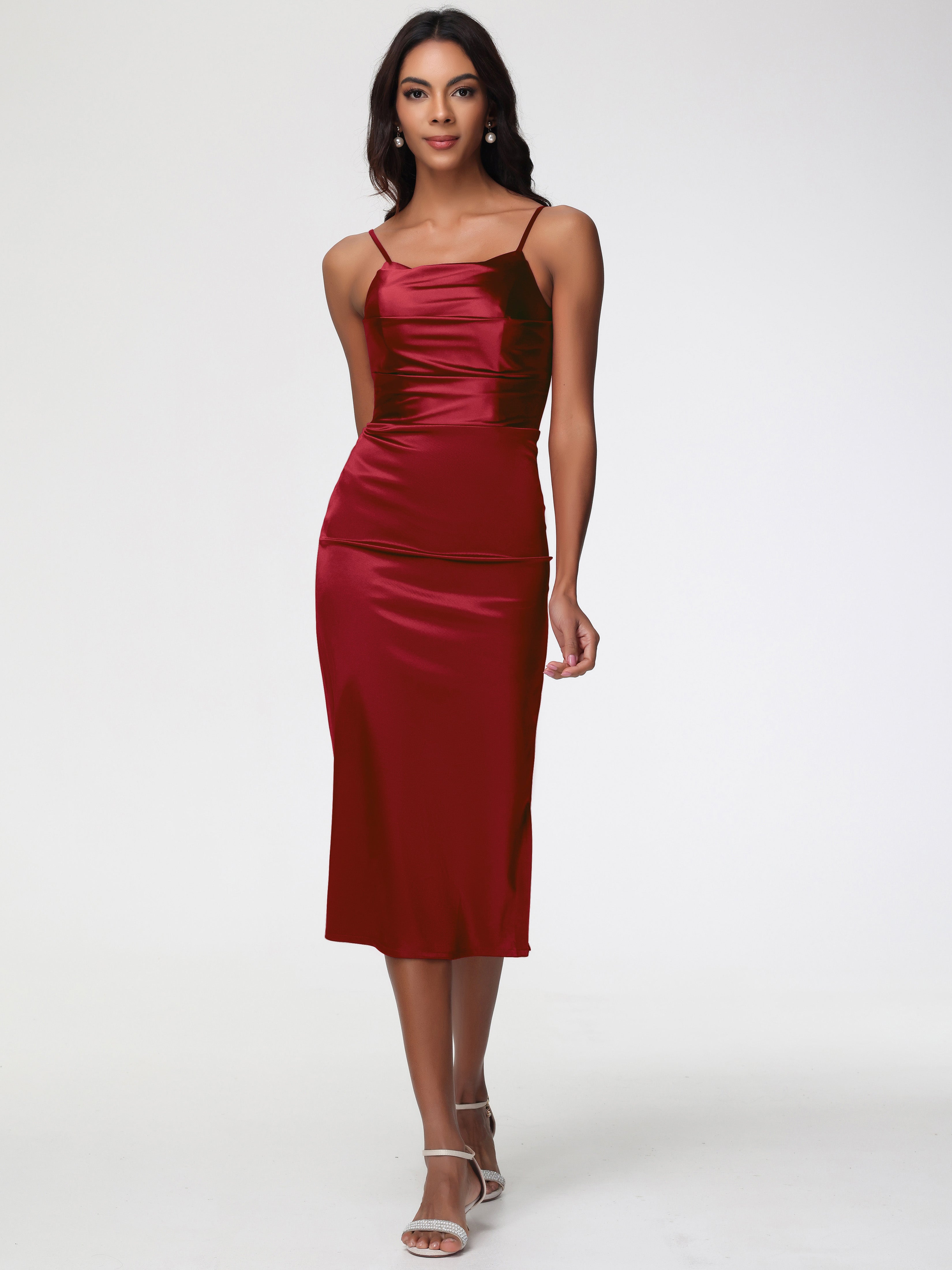 Burgundy Tea Length Bridesmaid Dresses Tea-Length Spaghetti Straps Square Neckline Sleeveless Stretch Satin Bridesmaid Dresses
