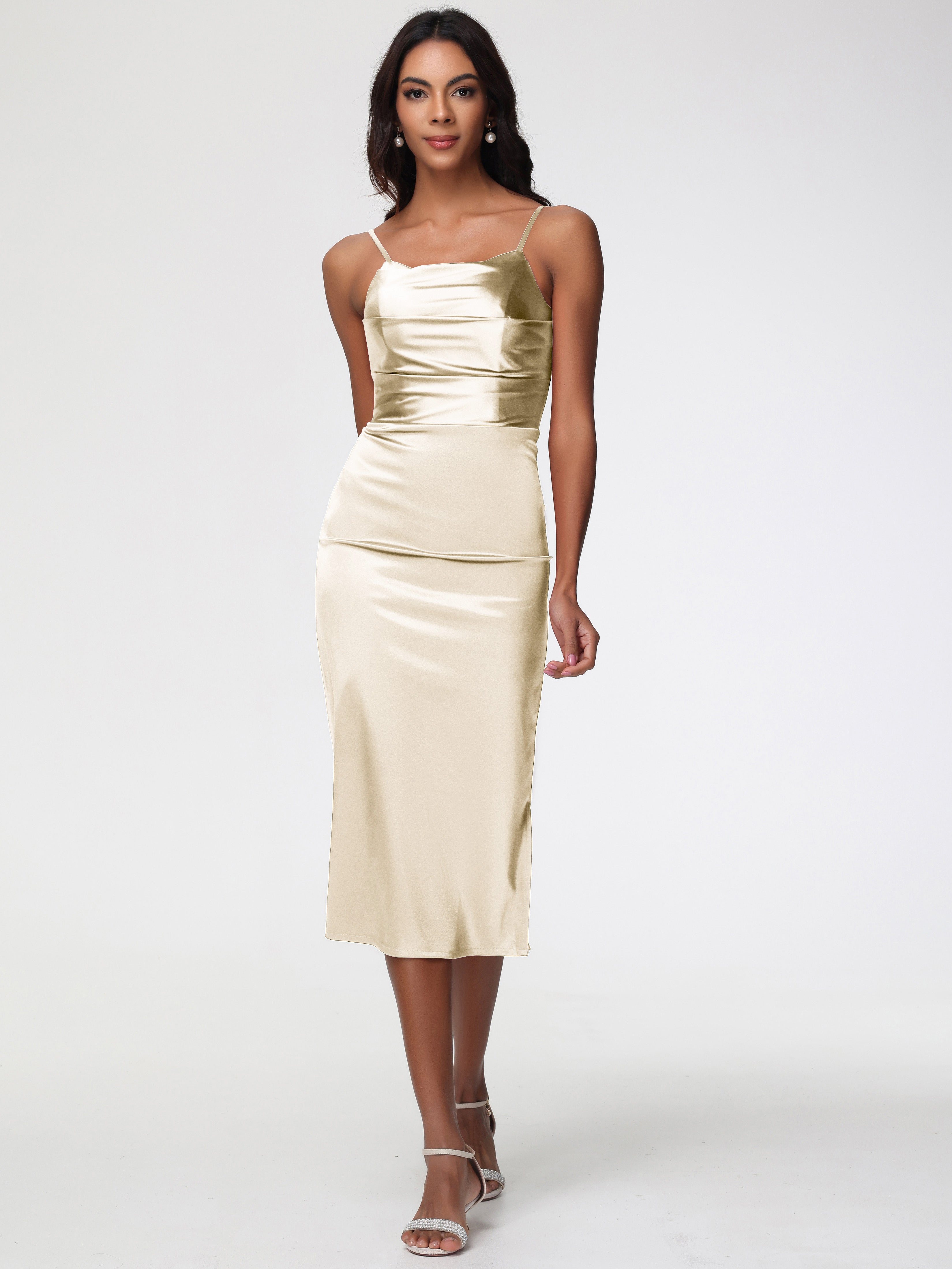 Champagne Tea Length Formal Dress Tea-Length Spaghetti Straps Square Neckline Sleeveless Stretch Satin Formal Dresses Champagne Tea Length Formal Dress Tea-Length Spaghetti Straps Square Neckline Sleeveless Stretch Satin Formal Dresses