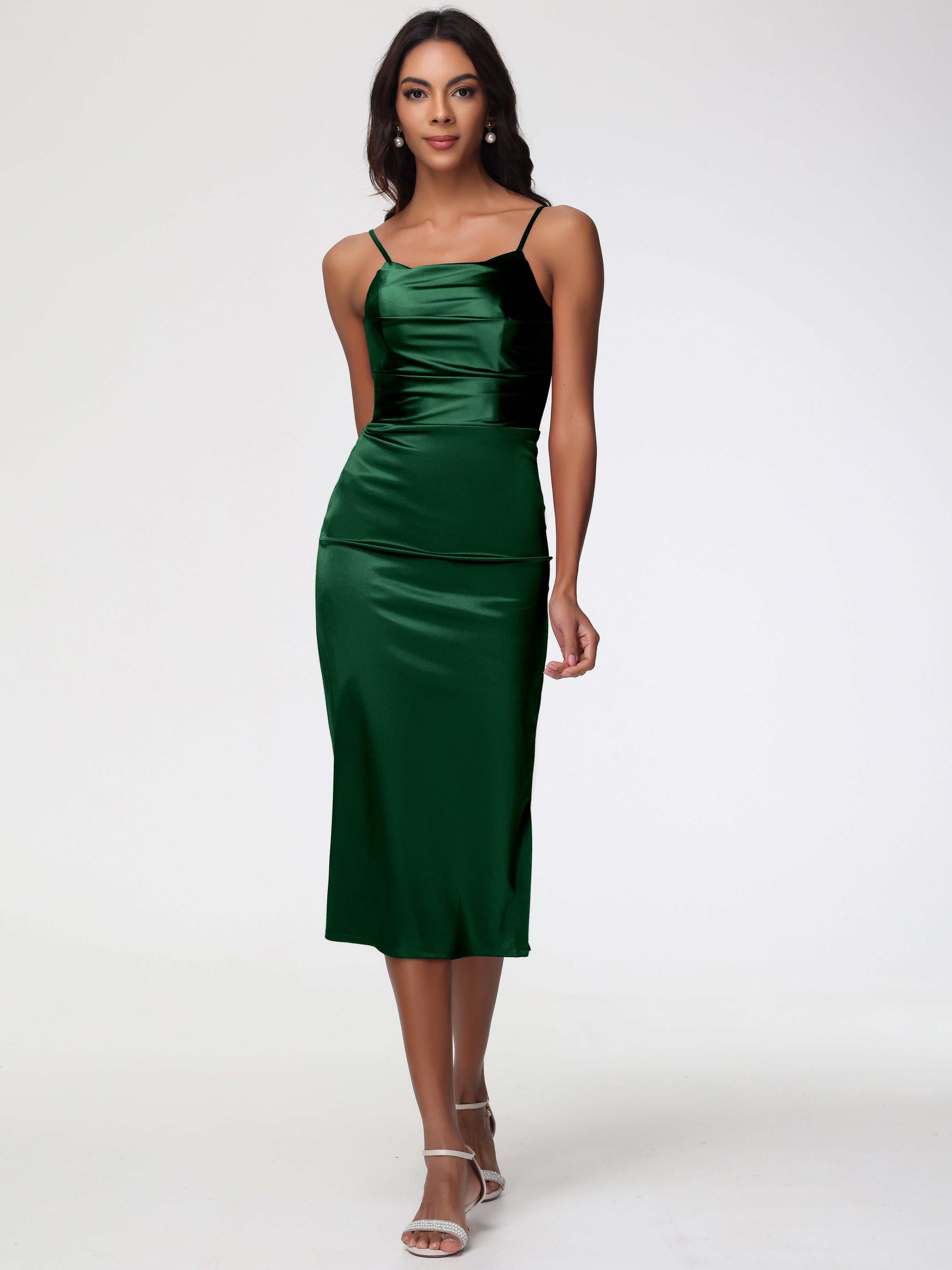 Formal Dresses Dark Green Tea-Length Spaghetti Straps Square Neckline