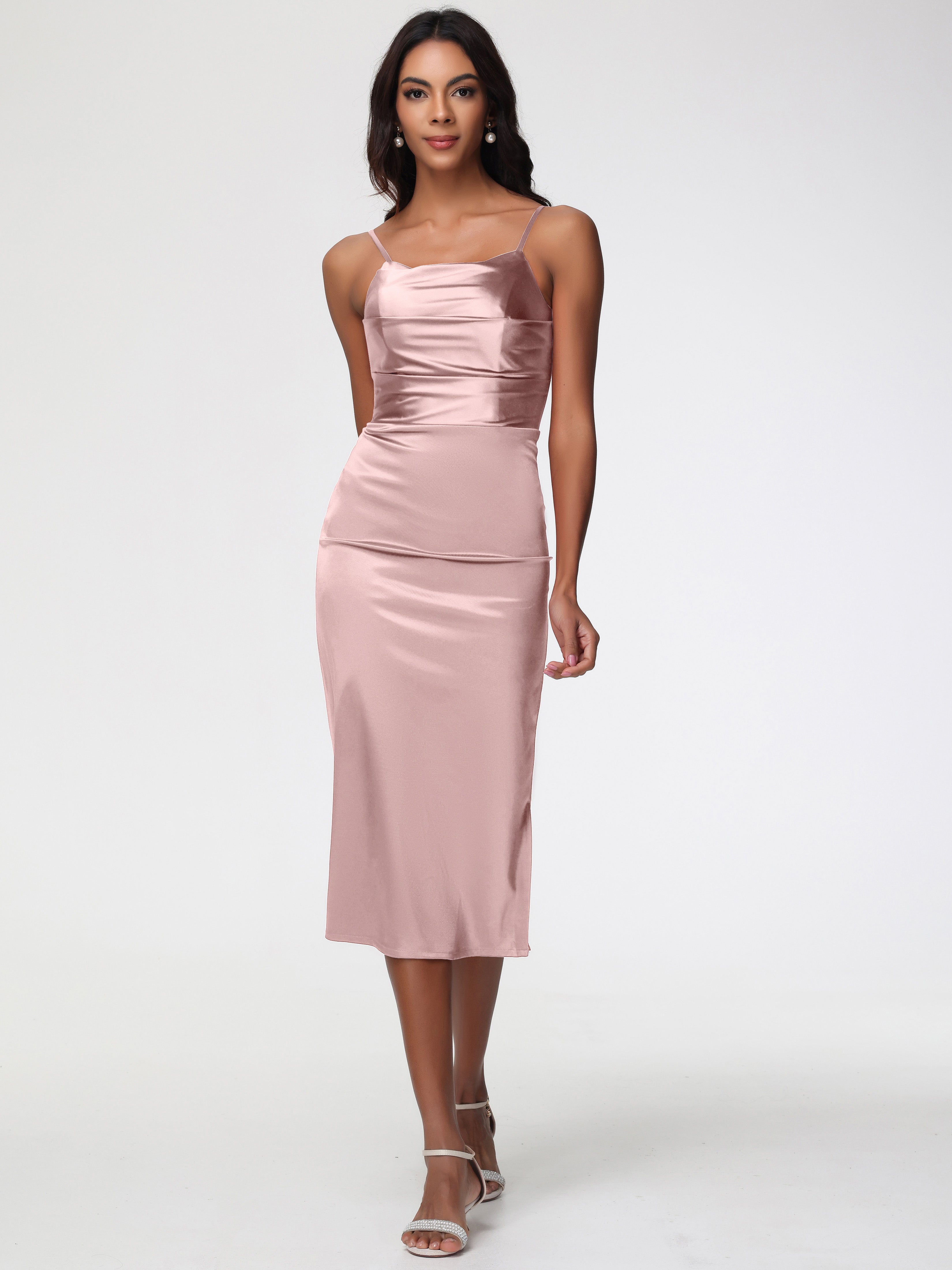 Dusty Rose Bridesmaid Dresses Tea-Length Spaghetti Straps Square Neckline Sleeveless Stretch Satin Bridesmaid Dresses Dusty Rose Bridesmaid Dresses Tea-Length Spaghetti Straps Square Neckline Sleeveless Stretch Satin Bridesmaid Dresses