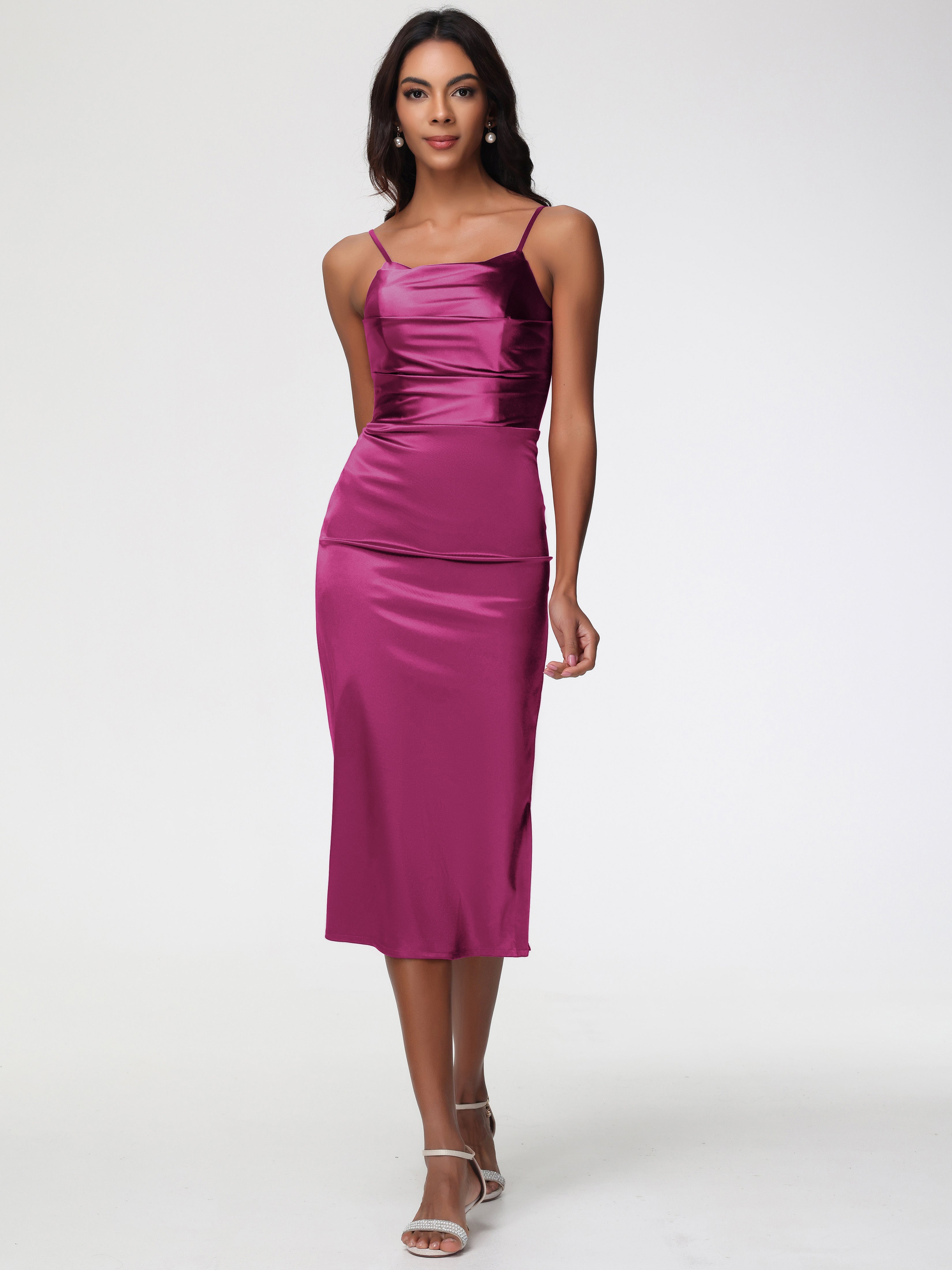 Fuchsia Pink Prom Dresses Tea-Length Spaghetti Straps Square Neckline Sleeveless Stretch Satin Prom Dresses Fuchsia Pink Prom Dresses Tea-Length Spaghetti Straps Square Neckline Sleeveless Stretch Satin Prom Dresses