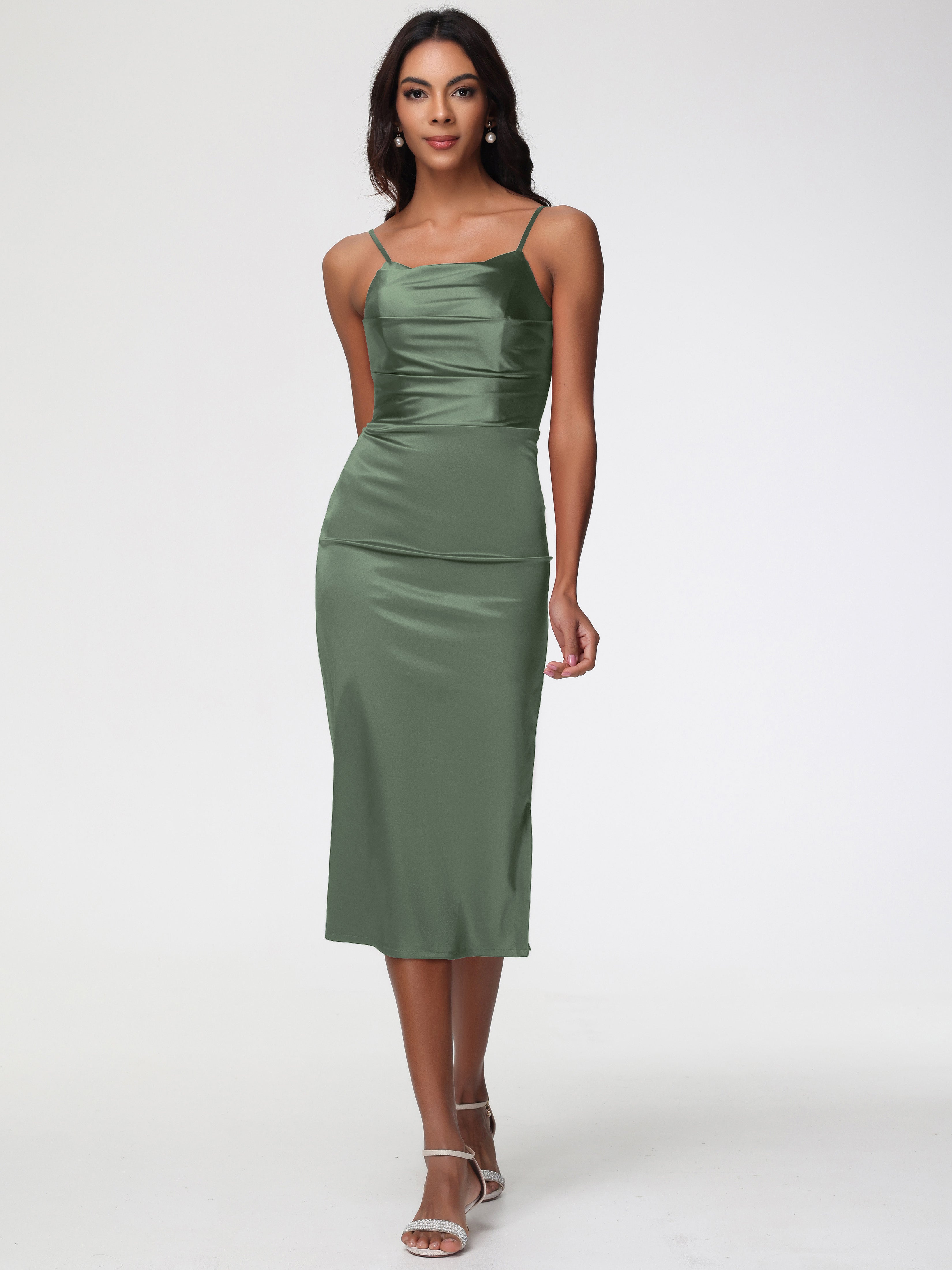 Olive Green Bridesmaid Dresses Tea-Length Spaghetti Straps Square Neck Olive Green Bridesmaid Dresses Tea-Length Spaghetti Straps Square Neck
