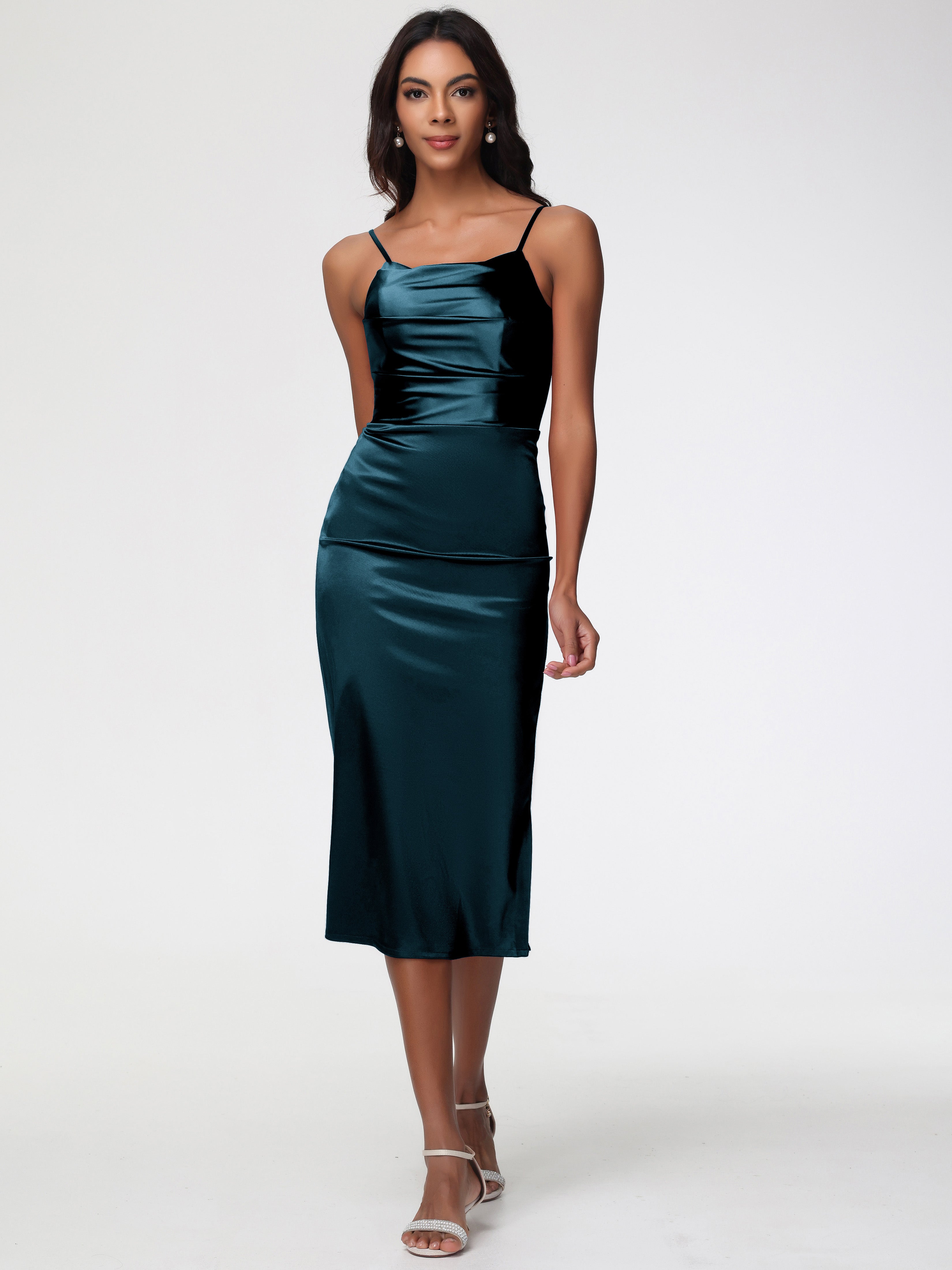 Peacock Colour Prom Dresses Tea-Length Spaghetti Straps Square Necklin Peacock Colour Prom Dresses Tea-Length Spaghetti Straps Square Necklin