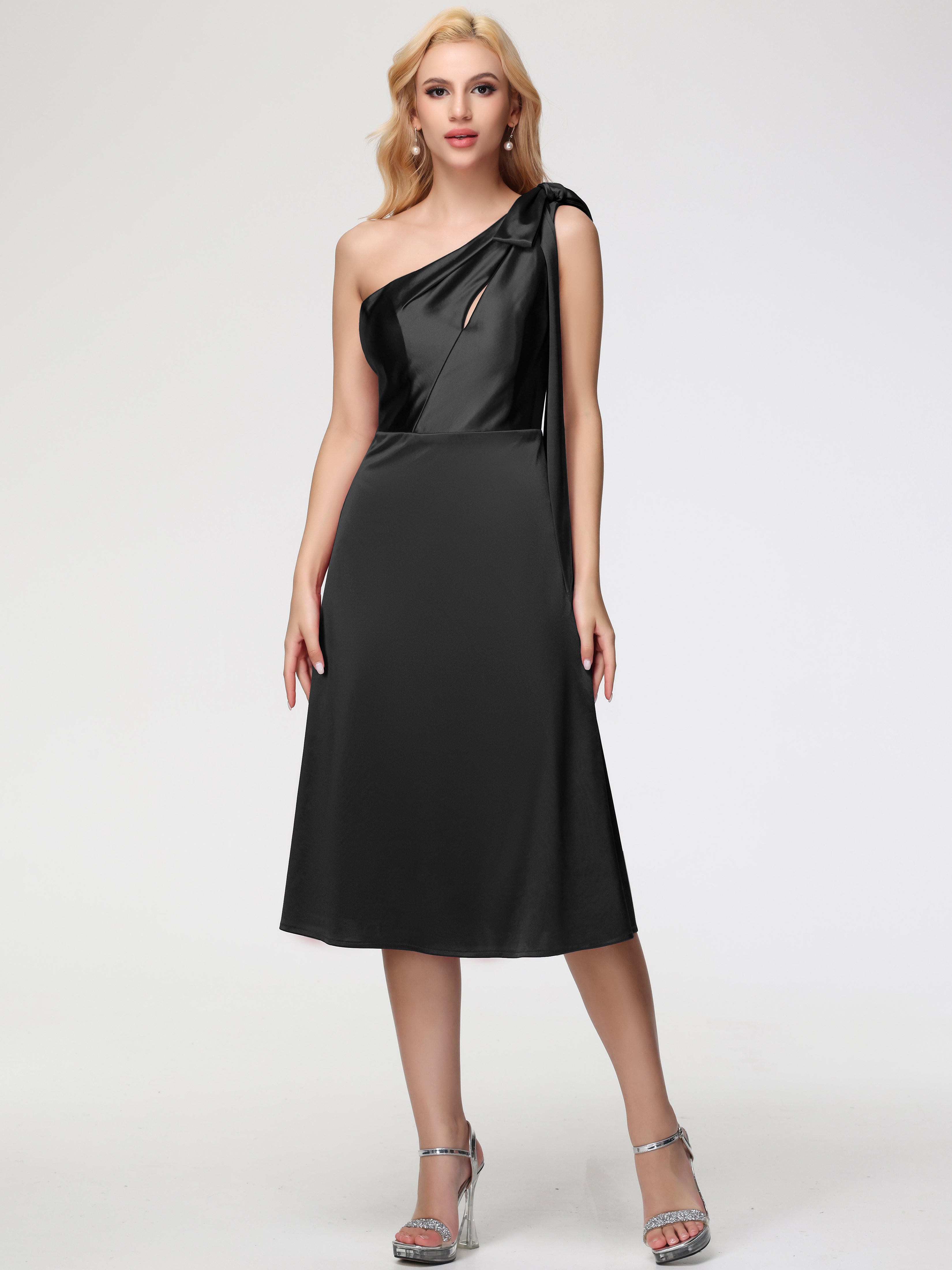 Bridesmaids Dresses Black One Shoulder Tea-Length Sleeveless A-Line Stretch Satin Bridesmaid Dresses