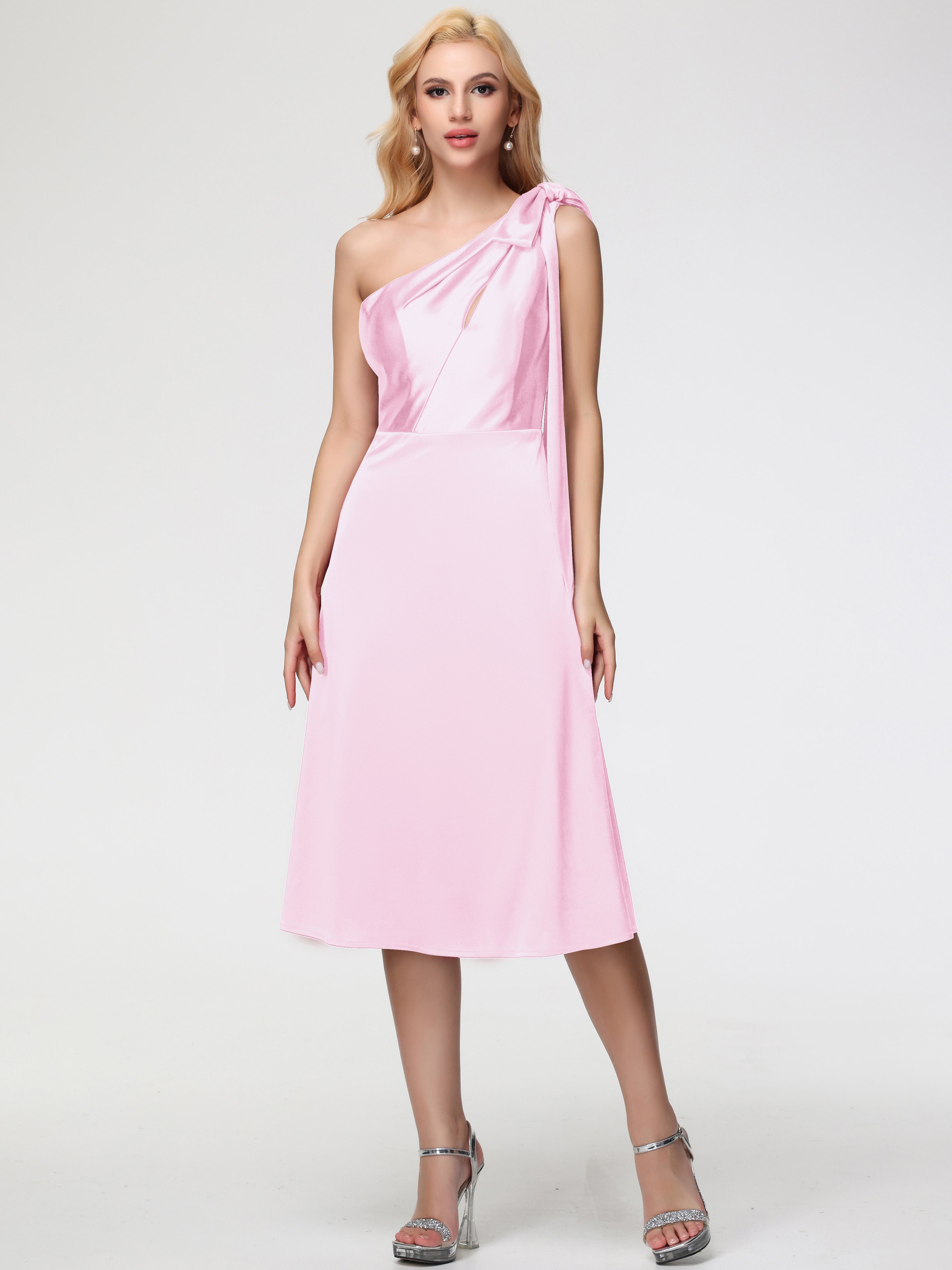 Blush Pink Bridesmaid Dresses Near Me One Shoulder Tea-Length Sleeveless A-Line Stretch Satin Bridesmaid Dresses
