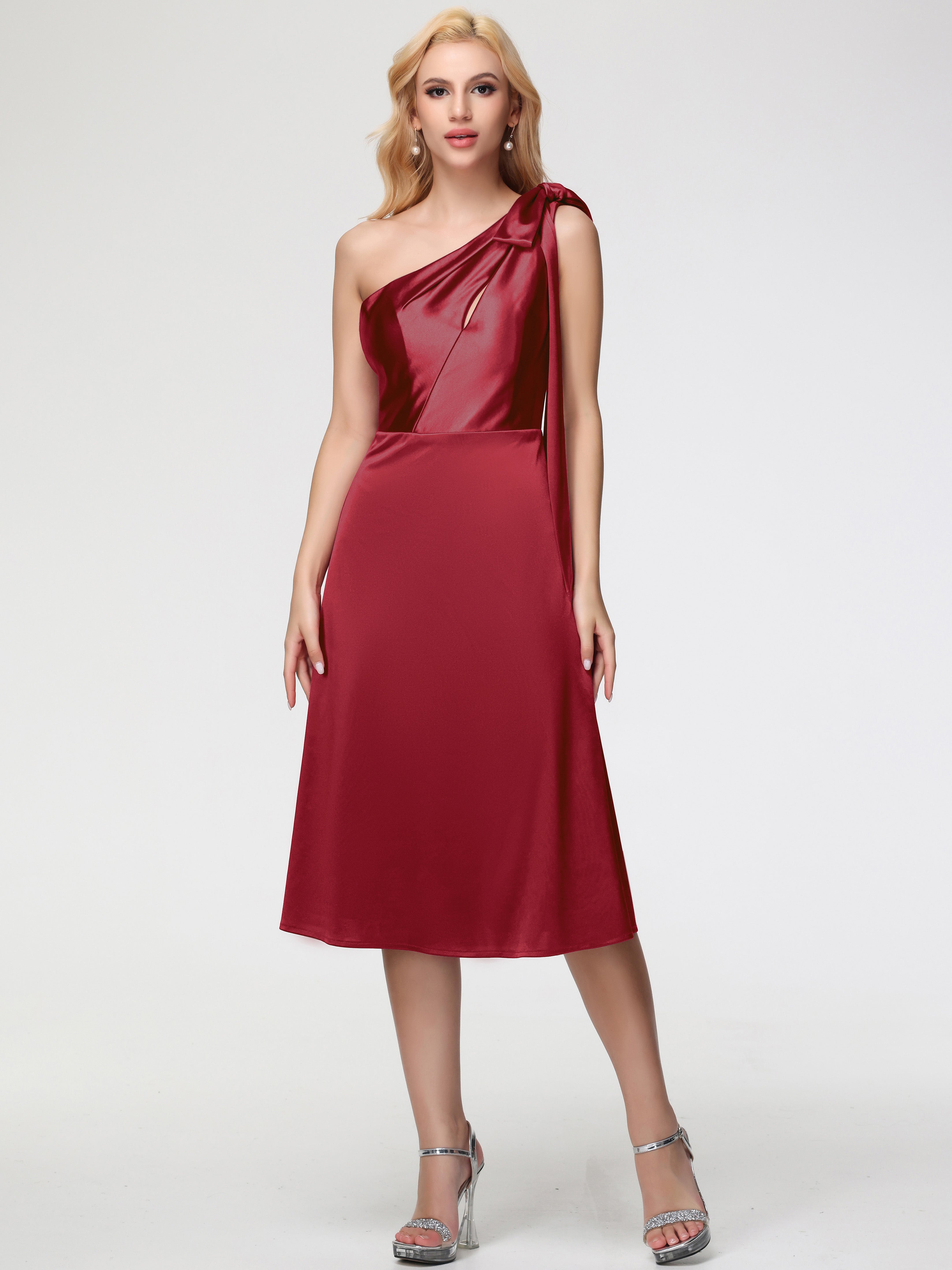 Burgundy Bridesmaid Dresses One Shoulder One Shoulder Tea-Length Sleev Burgundy Bridesmaid Dresses One Shoulder One Shoulder Tea-Length Sleev