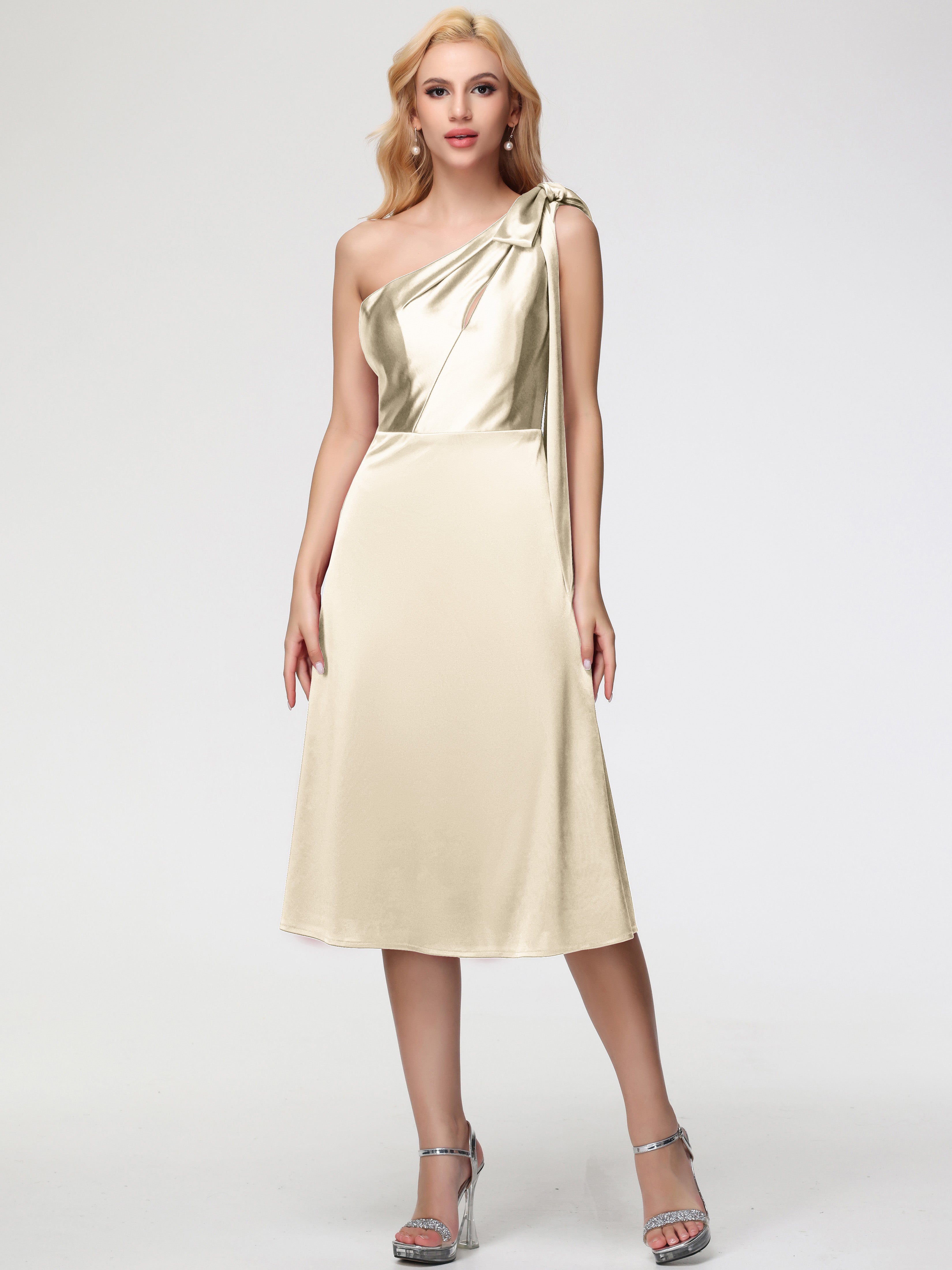 Champagne Formal Dresses One Shoulder Tea-Length Sleeveless A-Line Stretch Satin Formal Dresses