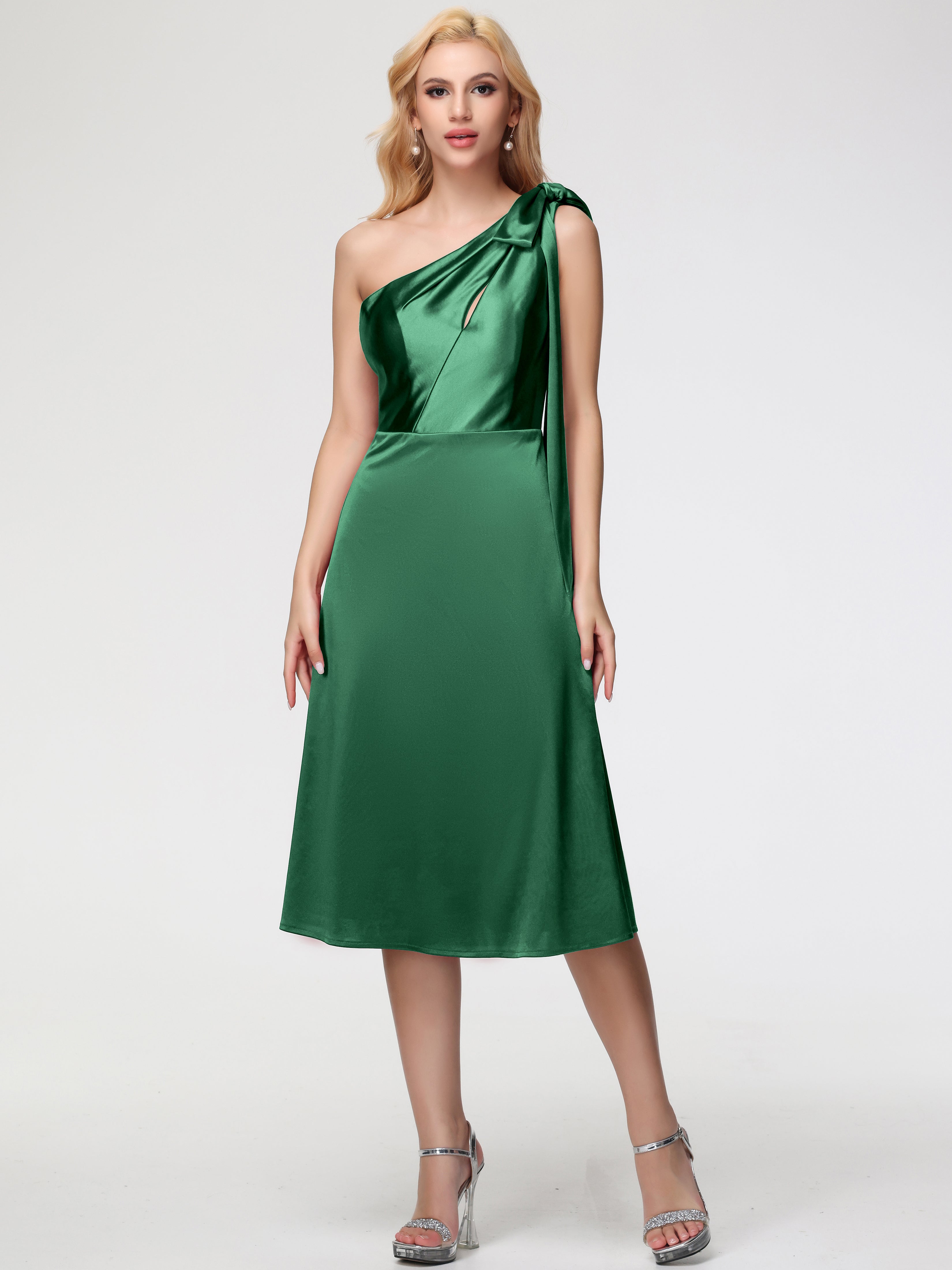 Wedding Dark Green Bridesmaid Dresses One Shoulder Tea-Length Sleevele Wedding Dark Green Bridesmaid Dresses One Shoulder Tea-Length Sleevele
