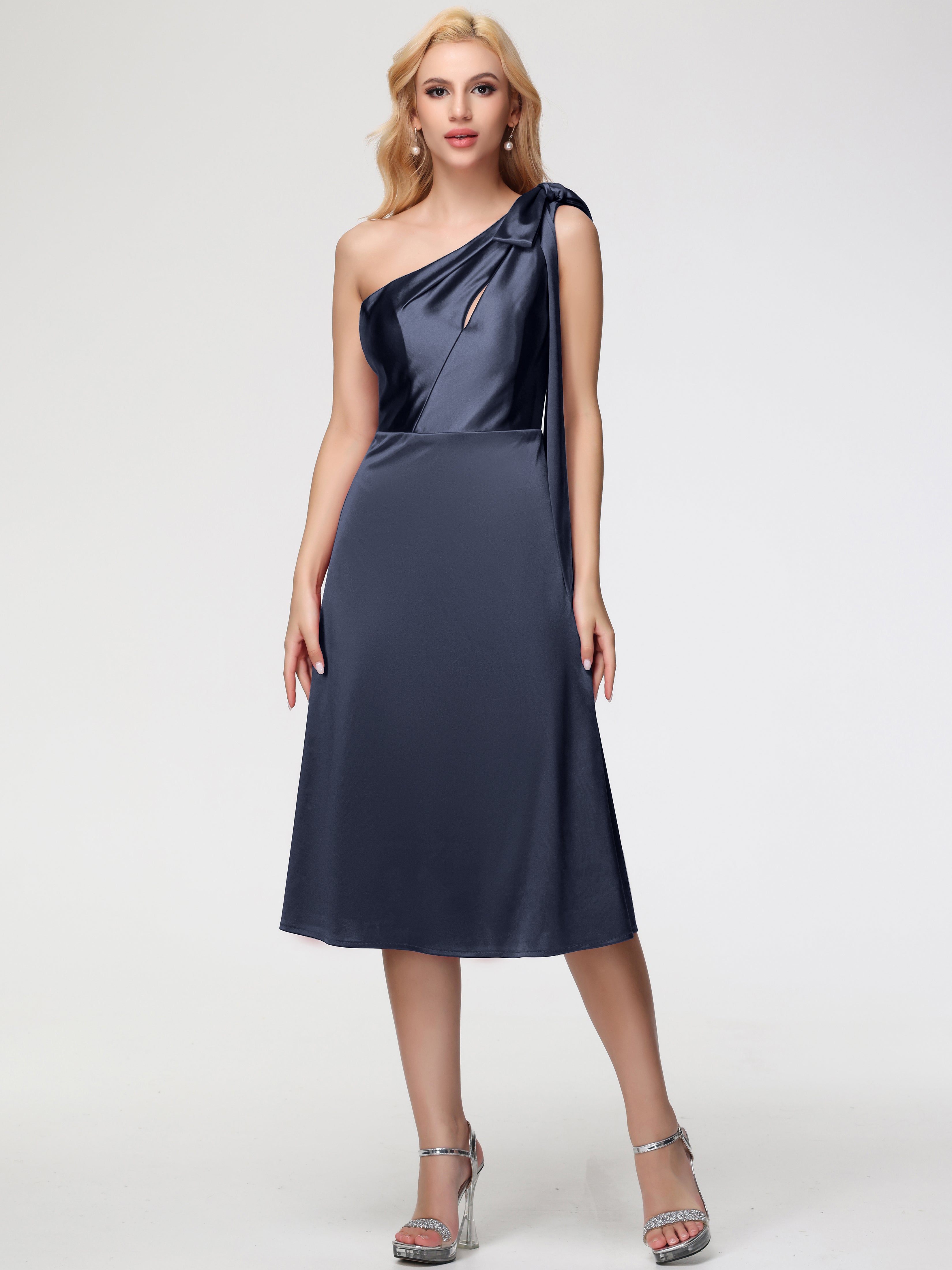 Dark Navy Blue One Shoulder Formal Dress One Shoulder Tea-Length Sleev Dark Navy Blue One Shoulder Formal Dress One Shoulder Tea-Length Sleev