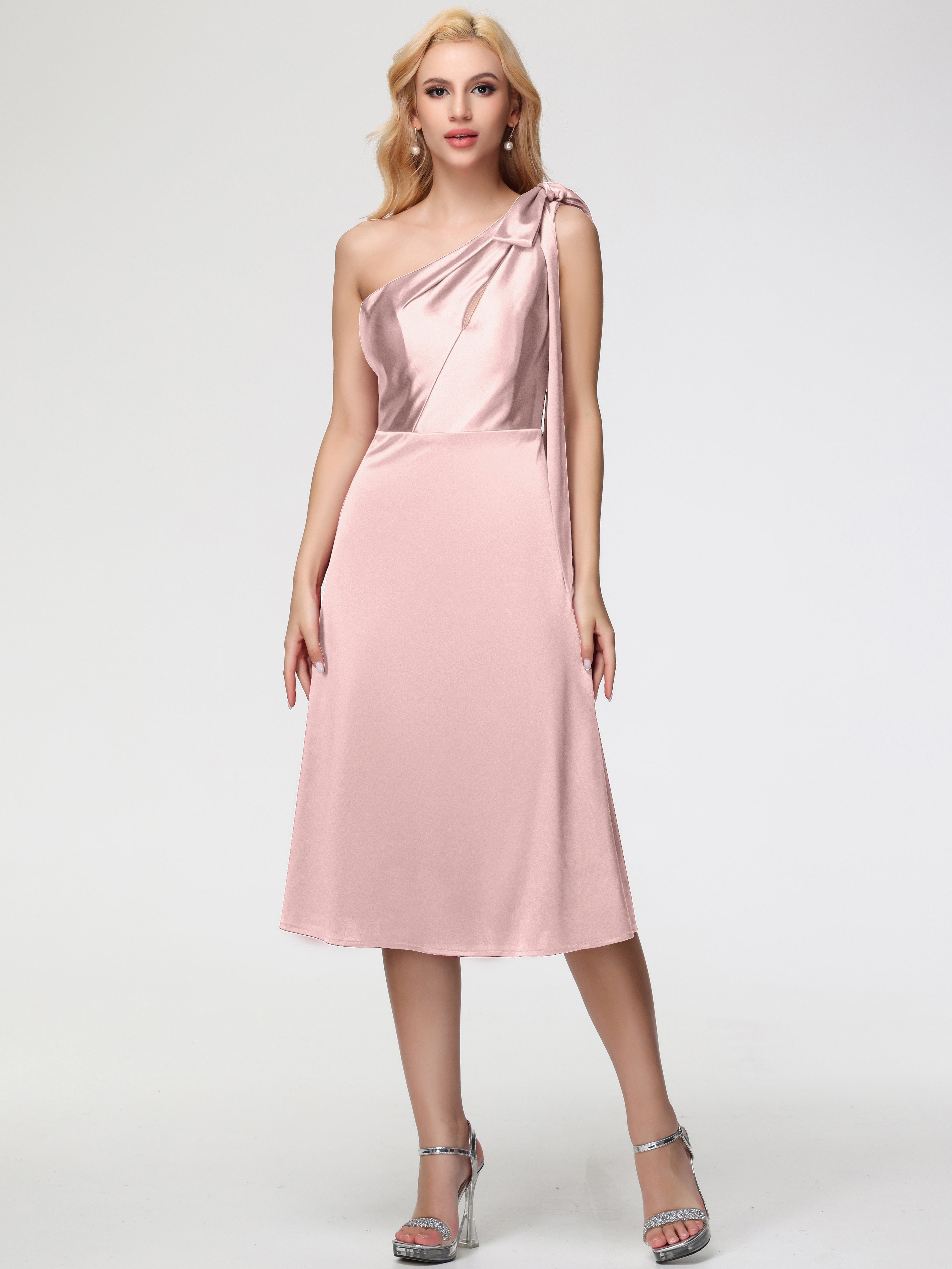 Modest Dusty Rose Bridesmaid Dresses One Shoulder Tea-Length Sleeveles Modest Dusty Rose Bridesmaid Dresses One Shoulder Tea-Length Sleeveles