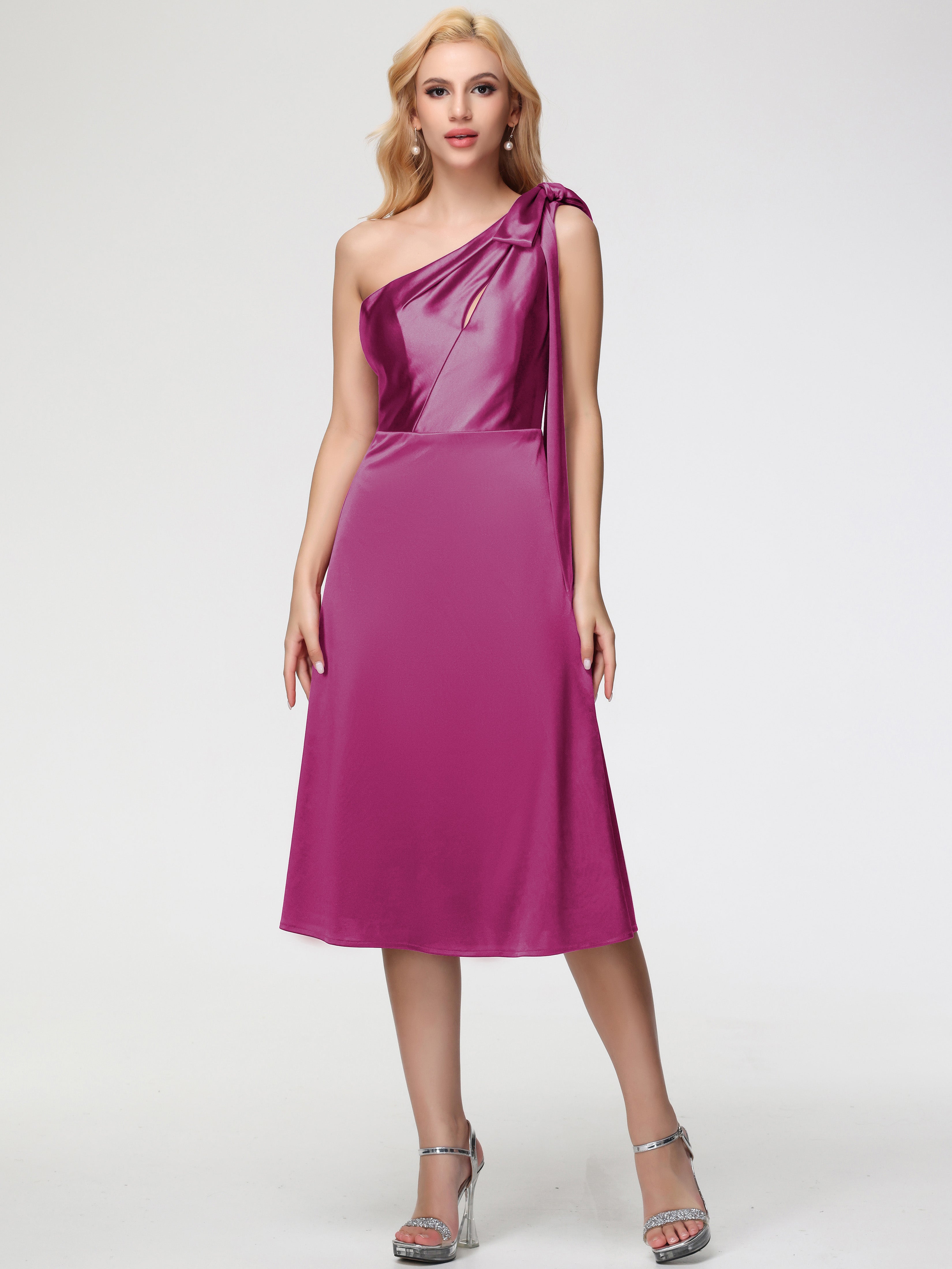 Bridesmaid Fuchsia Dresses One Shoulder Tea-Length Sleeveless A-Line S Bridesmaid Fuchsia Dresses One Shoulder Tea-Length Sleeveless A-Line S