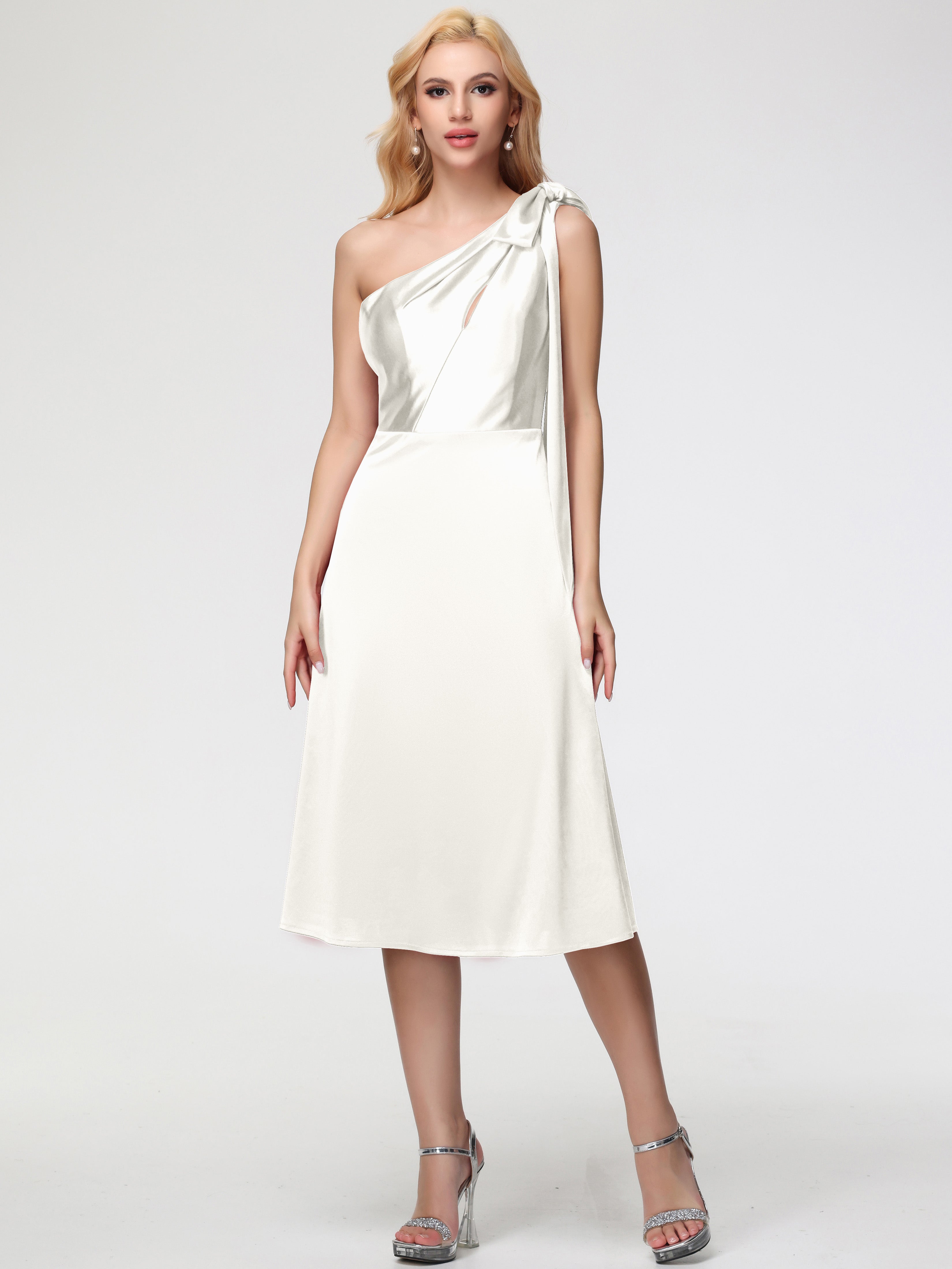 Formal Dress Ivory Dresses One Shoulder Tea-Length Sleeveless A-Line Stretch Satin Formal Dresses