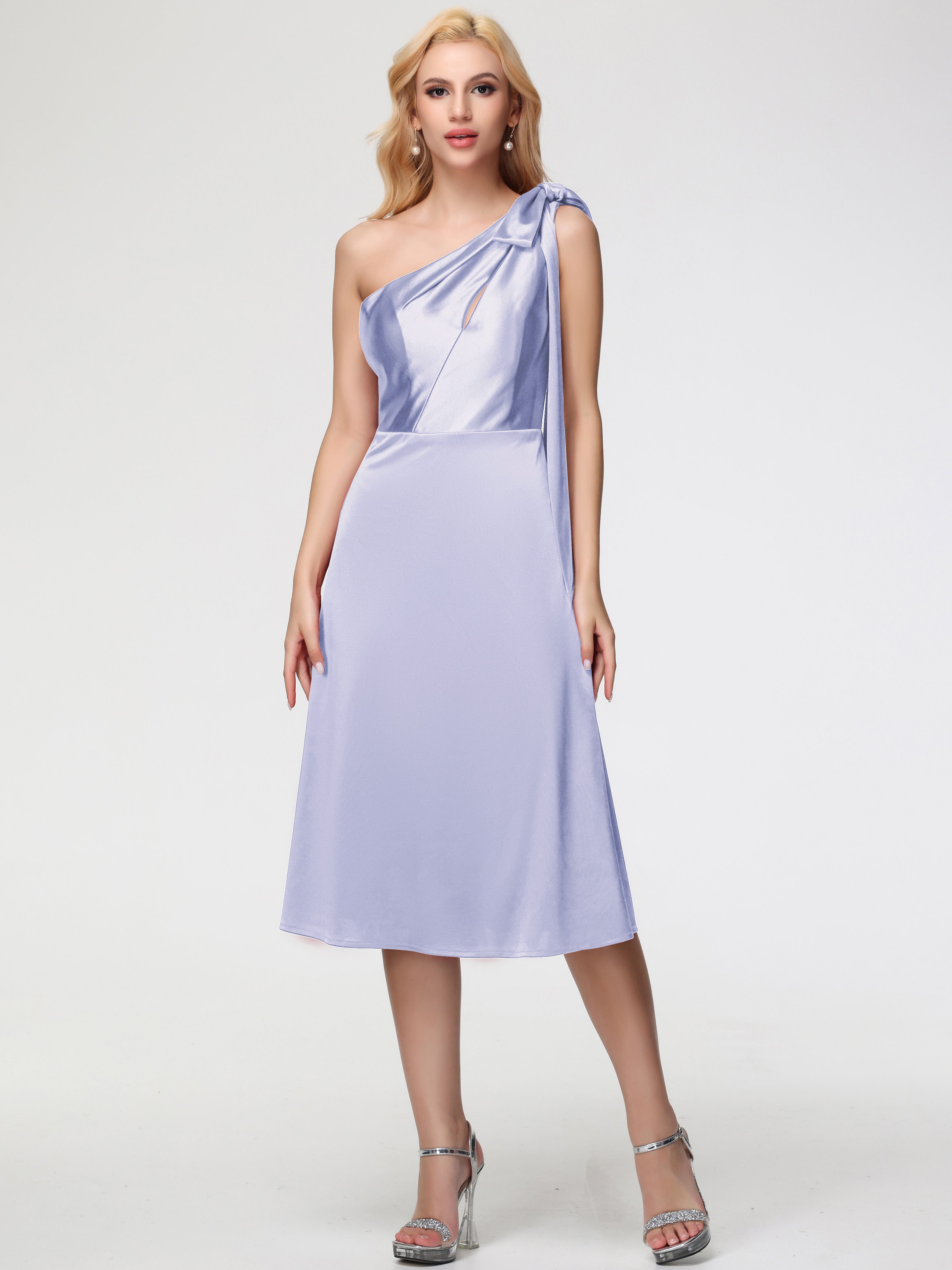 Lavender Boho Bridesmaid Dress One Shoulder Tea-Length Sleeveless A-Line Stretch Satin Bridesmaid Dresses Lavender Boho Bridesmaid Dress One Shoulder Tea-Length Sleeveless A-Line Stretch Satin Bridesmaid Dresses