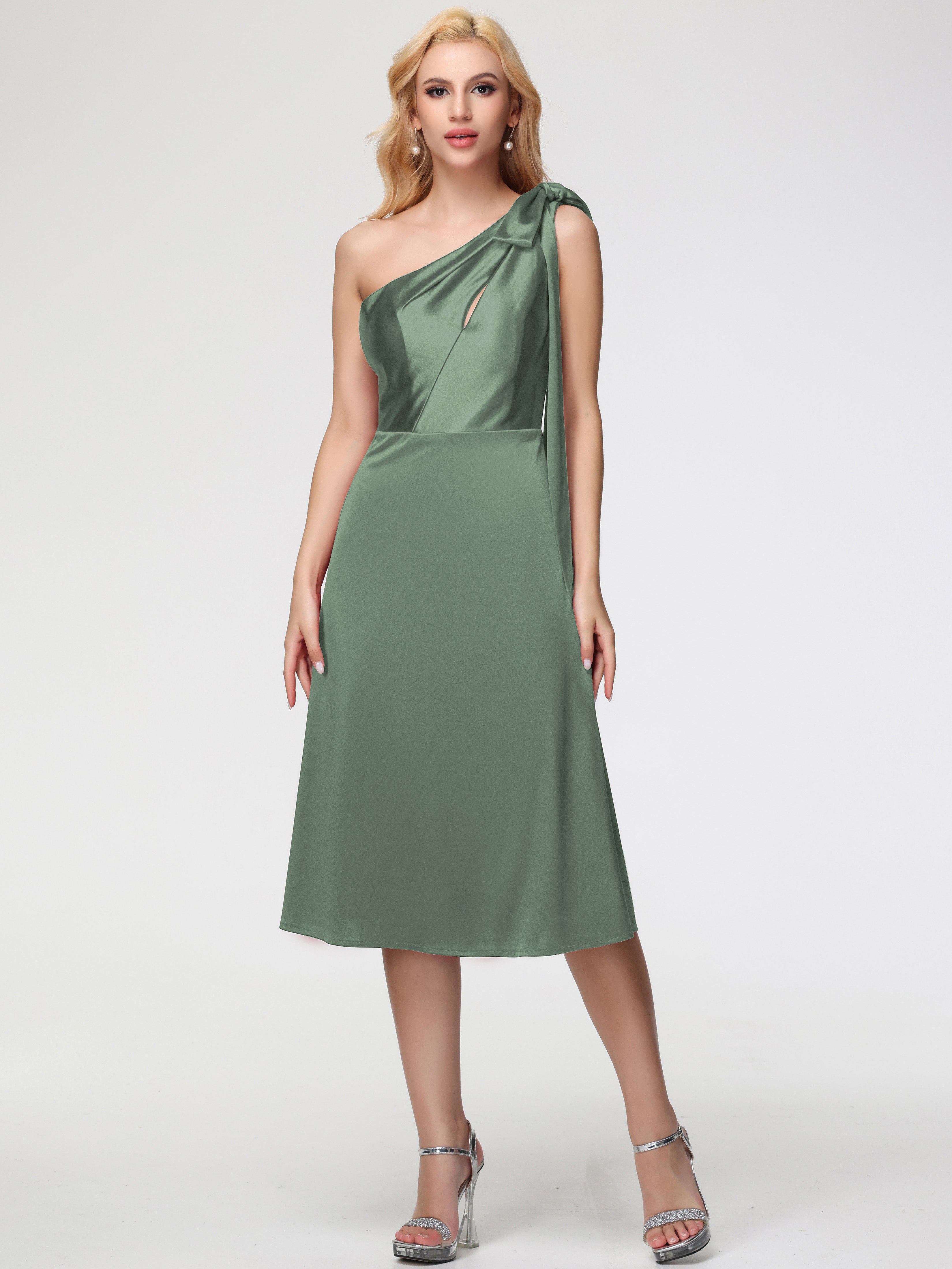 open lace back dress Olive Green Satin Formal Dress One Shoulder Tea-Length Sleeveless A-Line Stretch Satin Formal Dresses