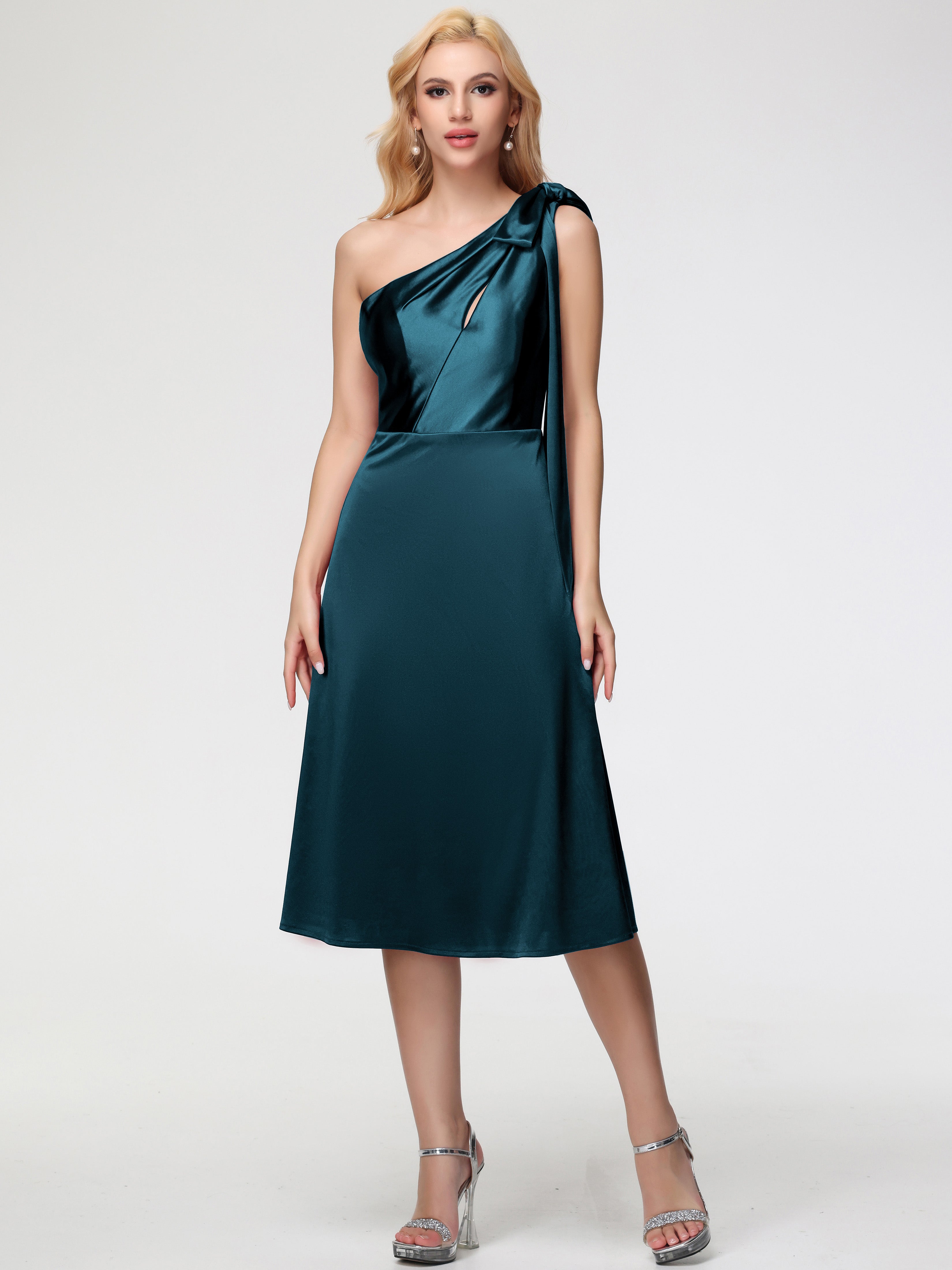 Peacock Formal Dresses One Shoulder Tea-Length Sleeveless A-Line Stret