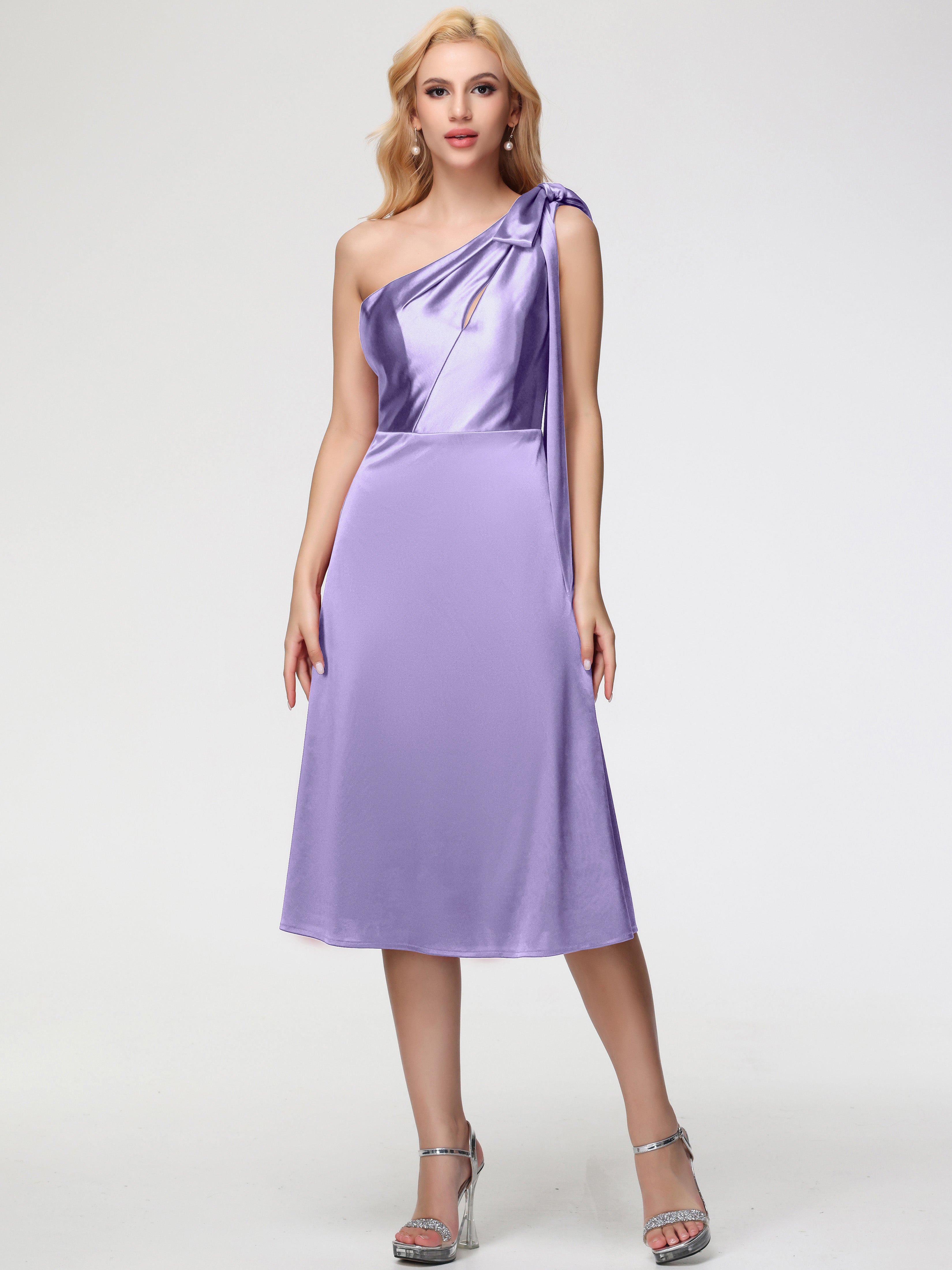 one shoulder tea length dresses Celeste Slate Blue Satin Midi Dress: One Shoulder Ruched Tea Length