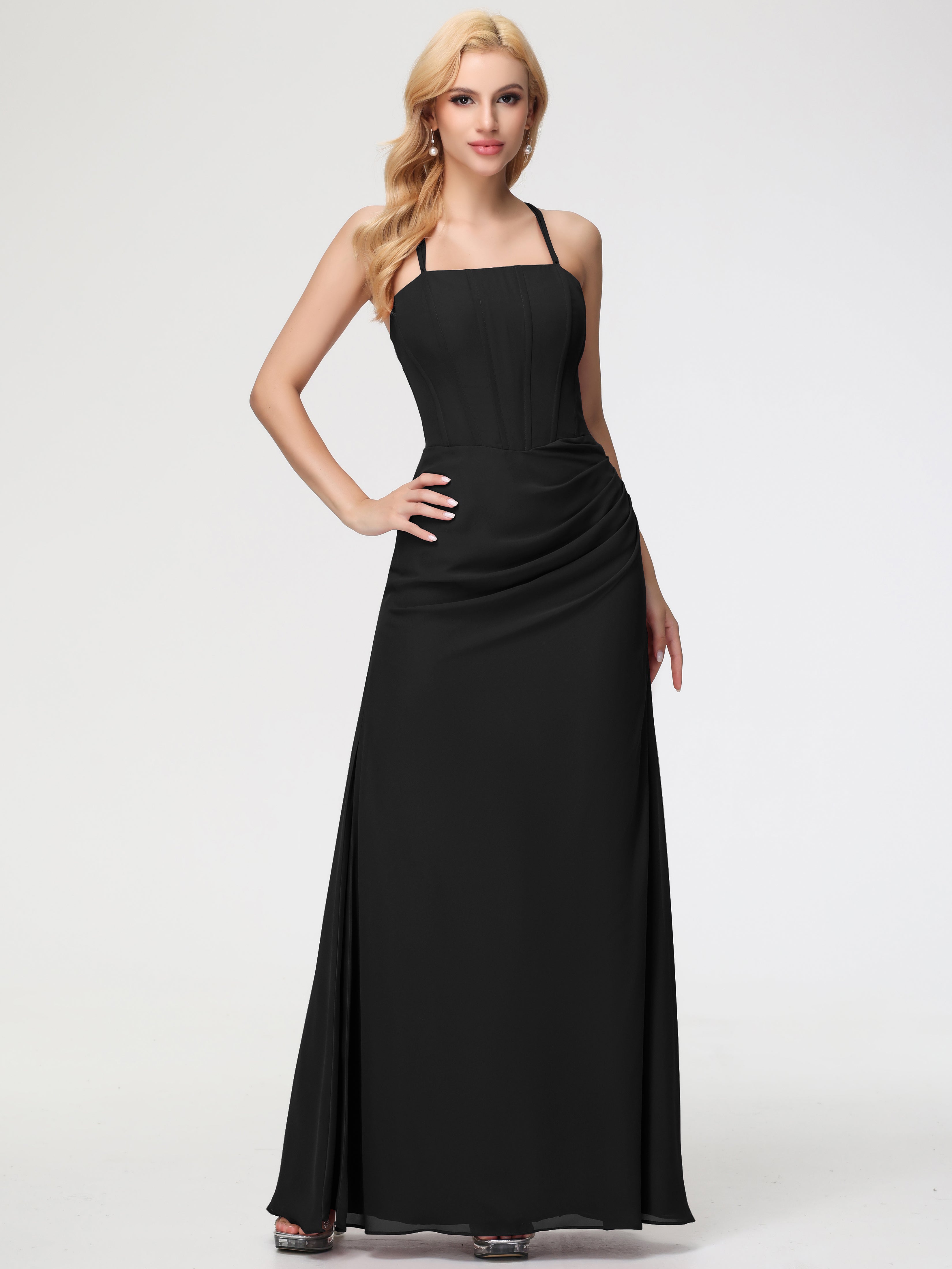 Elegant Black Bridesmaid Dresses Spaghetti Straps Sheath/Column Long Chiffon Bridesmaid Dresses With Slit Elegant Black Bridesmaid Dresses Spaghetti Straps Sheath/Column Long Chiffon Bridesmaid Dresses With Slit